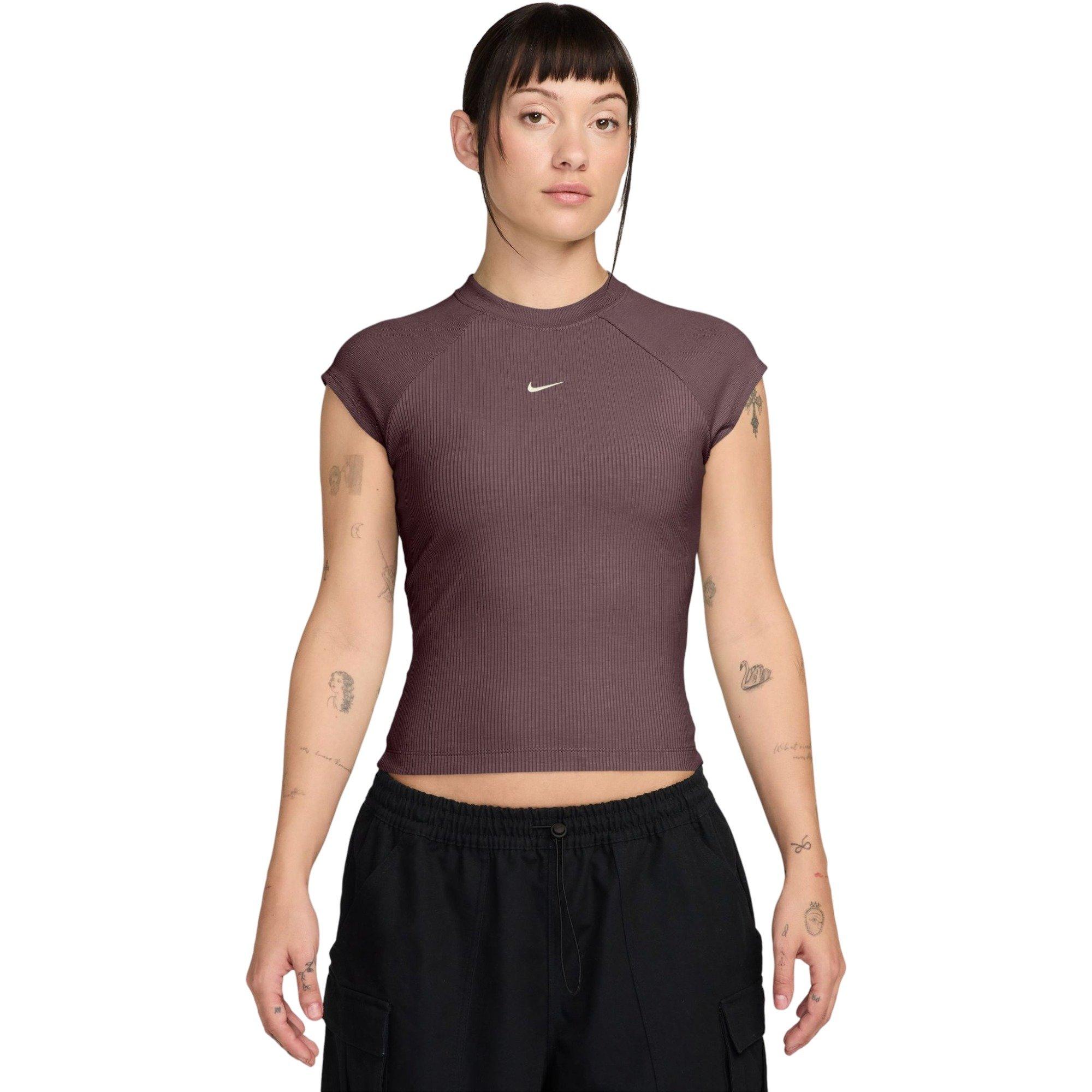 Nike Women's Sportswear Chill Knit Tight Short-Sleeve Ribbed Top-Brown - BROWN Thumbnail View 1