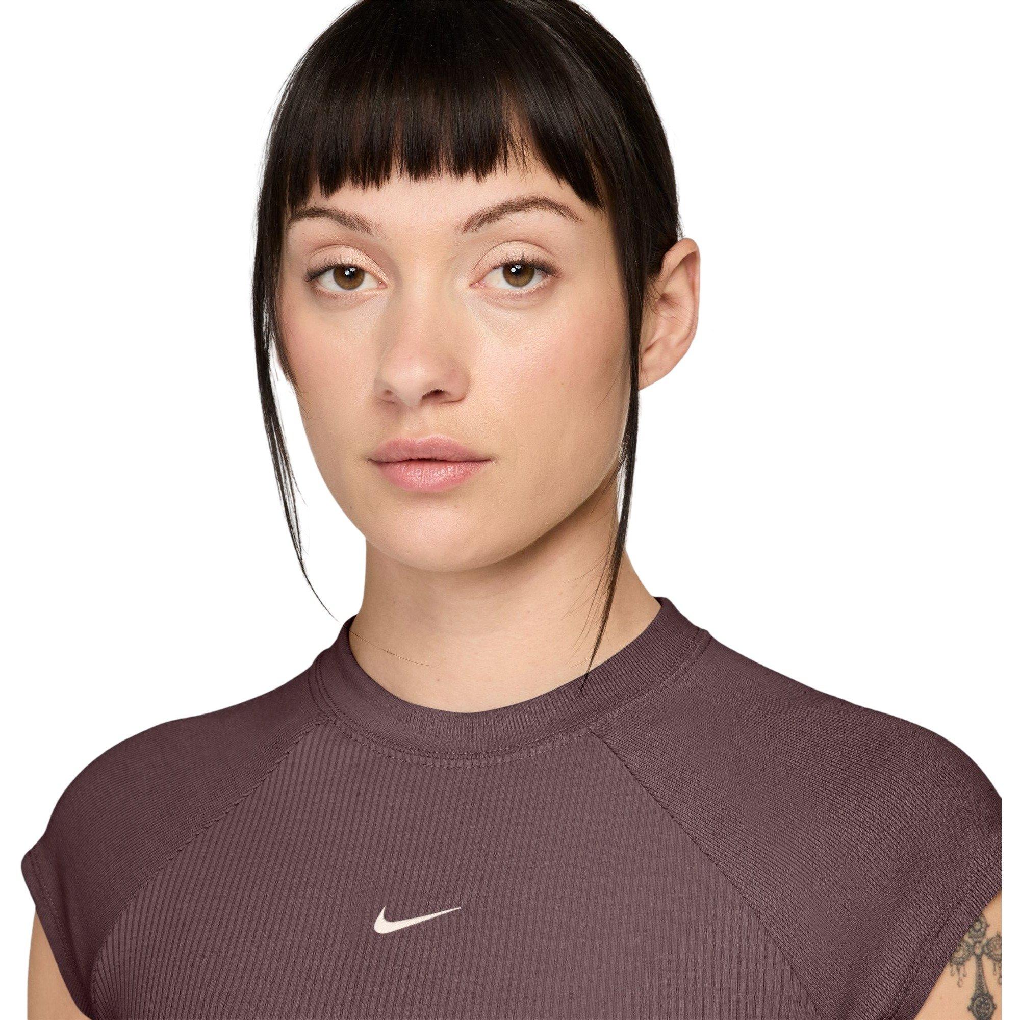 Nike Women's Sportswear Chill Knit Tight Short-Sleeve Ribbed Top-Brown - BROWN Thumbnail View 3