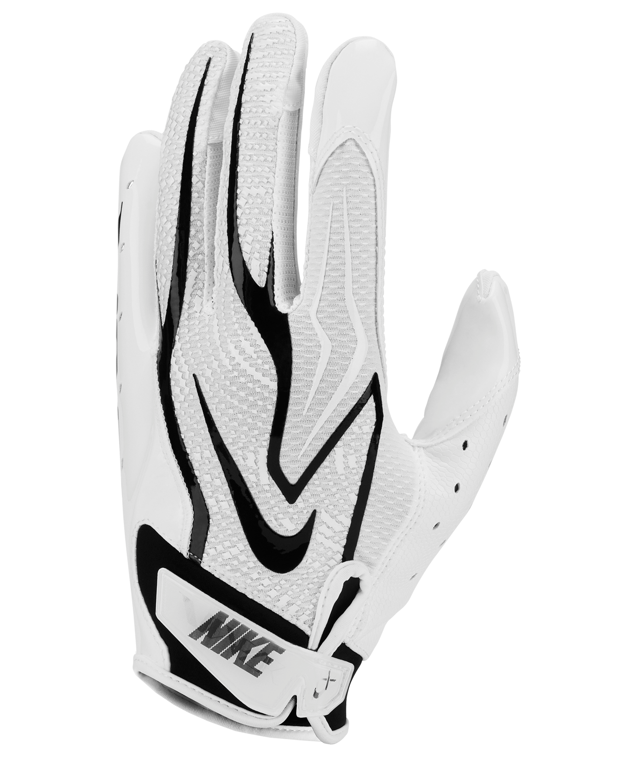 Nike Vapor Jet 8.0 football receiver gloves in white with black accents, palm view showing Magnigrip+ grip material and silicone overlays.