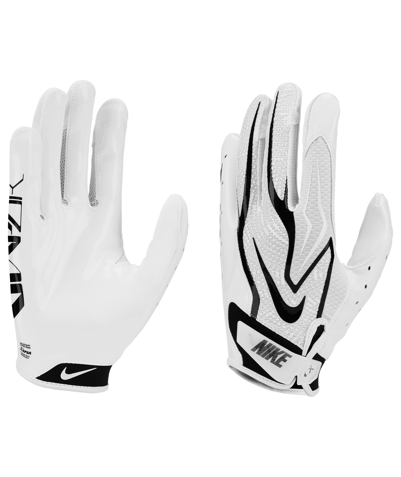 Side-by-side comparison of Nike Vapor Jet 8.0 gloves showing white/black colorway, palm and back hand details.