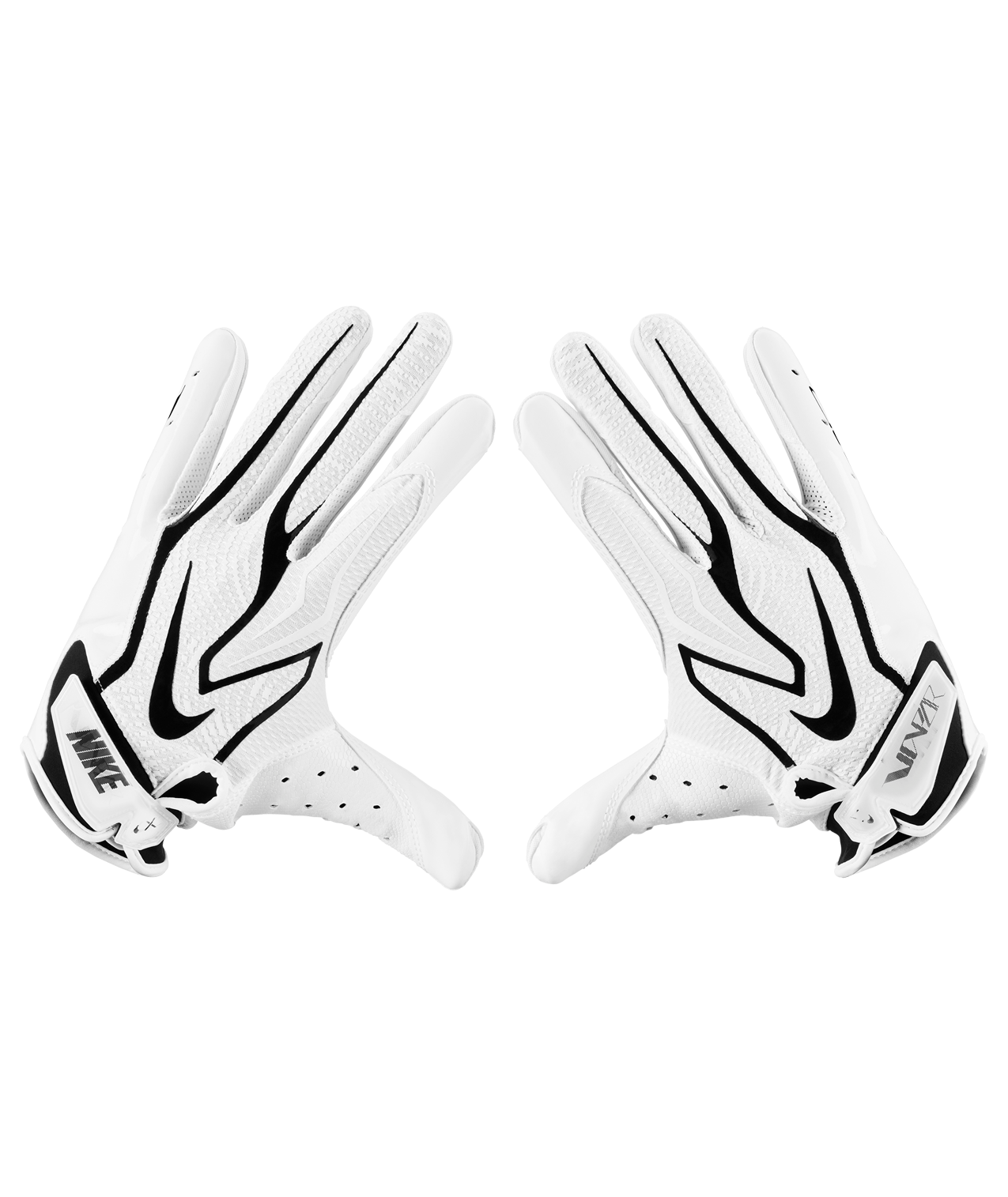 Flat lay of Nike Vapor Jet 8.0 football receiver gloves in white with black design accents and Nike branding.