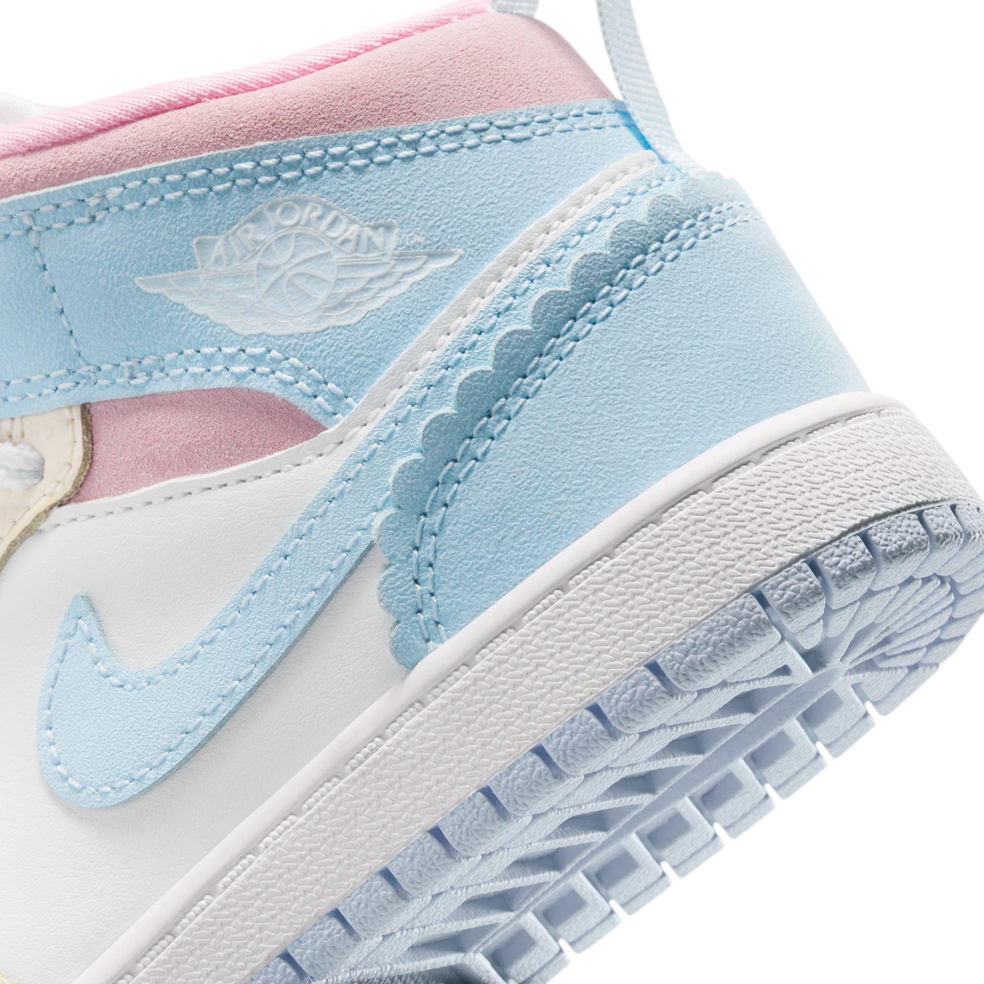 Jordan 1 Mid SE "Half Blue/Pale Ivory/White" Preschool Girls' Shoe - BLUE/PINK Thumbnail View 11