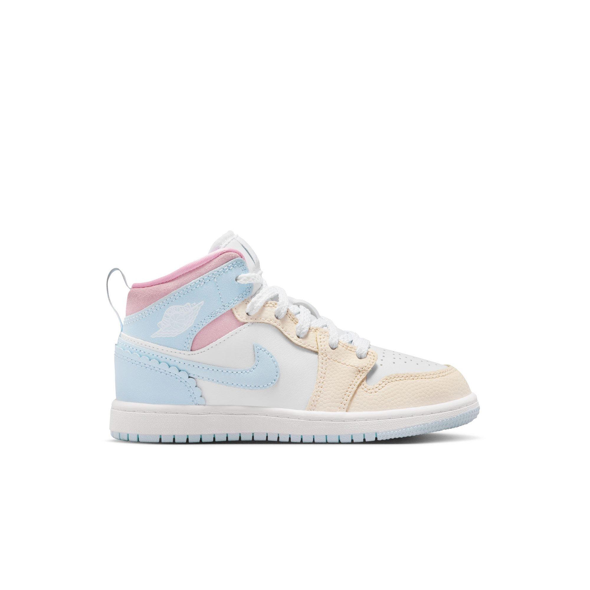 Jordan 1 Mid SE "Half Blue/Pale Ivory/White" Preschool Girls' Shoe - BLUE/PINK Thumbnail View 1