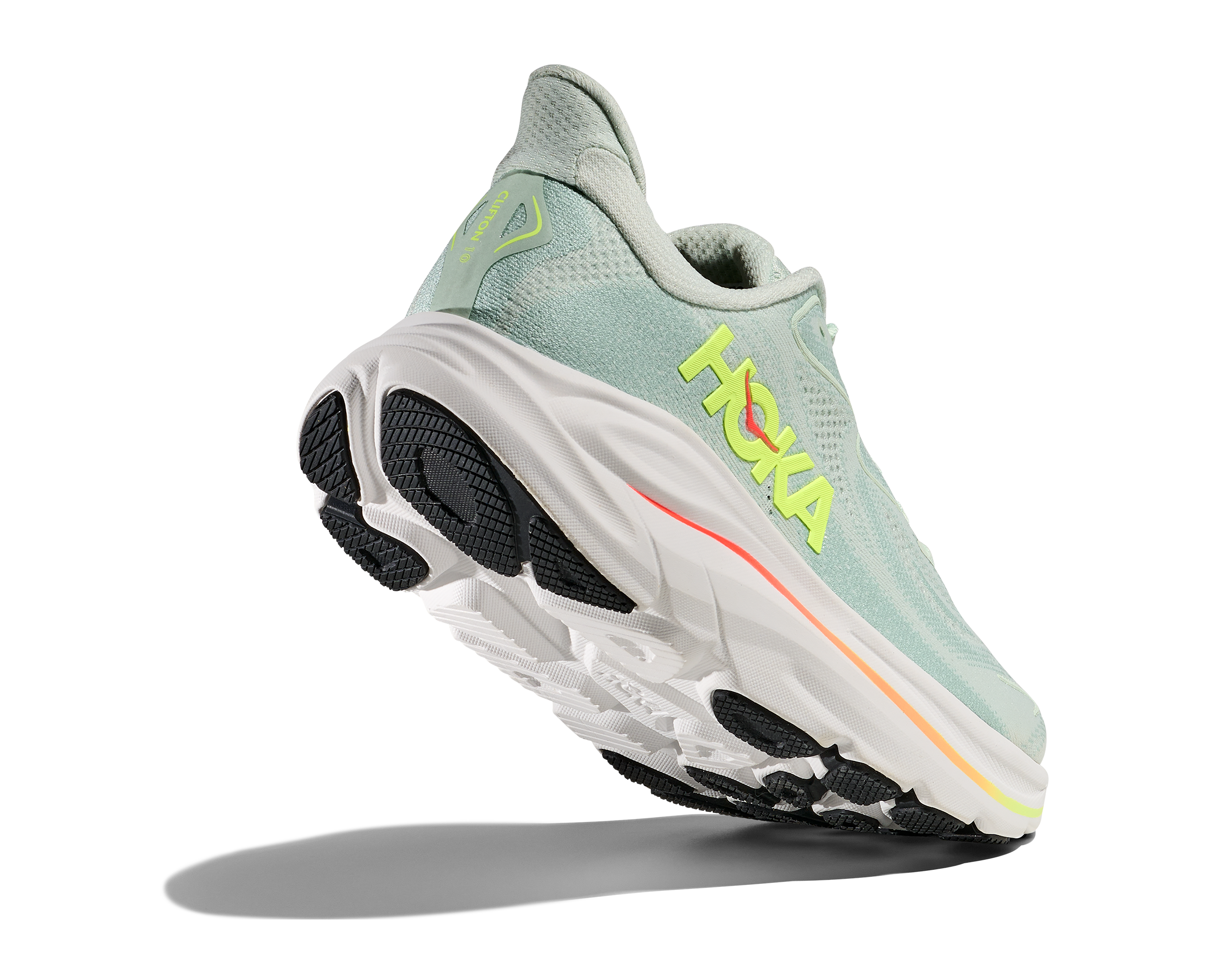 Hoka Clifton 10 "Sea Glass/Neon Flame" Women's Running Shoe - GREEN/WHITE/YELLOW Thumbnail View 5