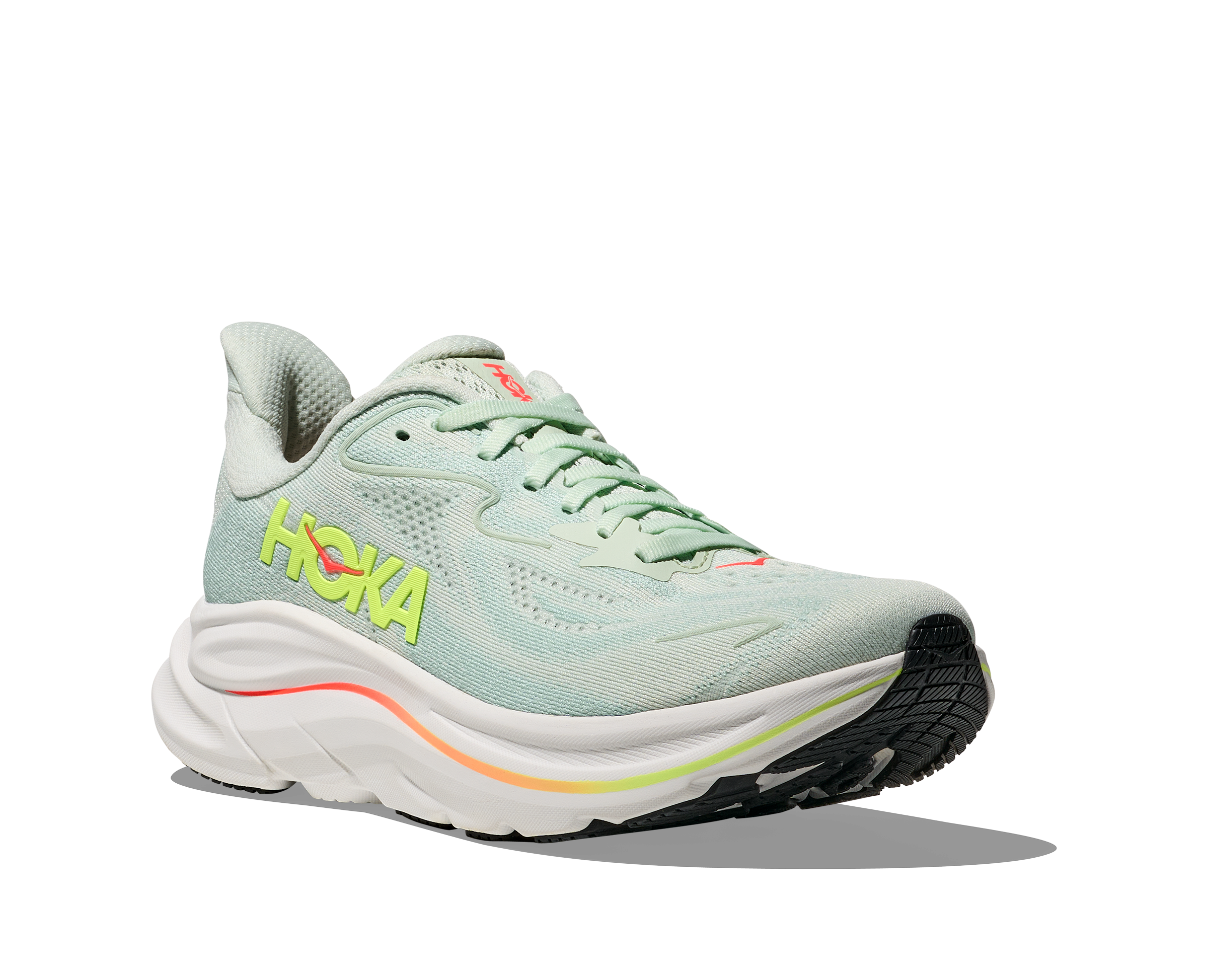 Hoka Clifton 10 "Sea Glass/Neon Flame" Women's Running Shoe - GREEN/WHITE/YELLOW Thumbnail View 7