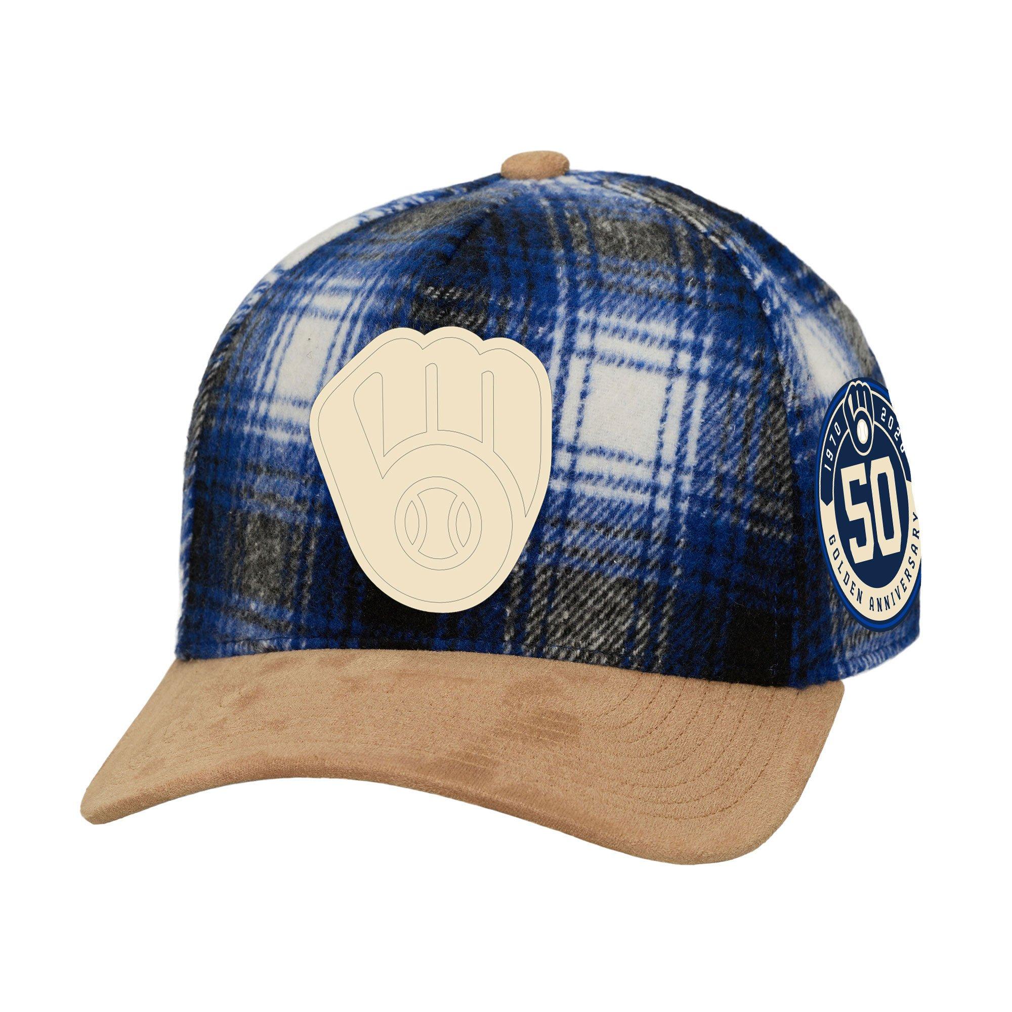 Mitchell & Ness Milwaukee Brewers Blue Plaid Snapback Hat