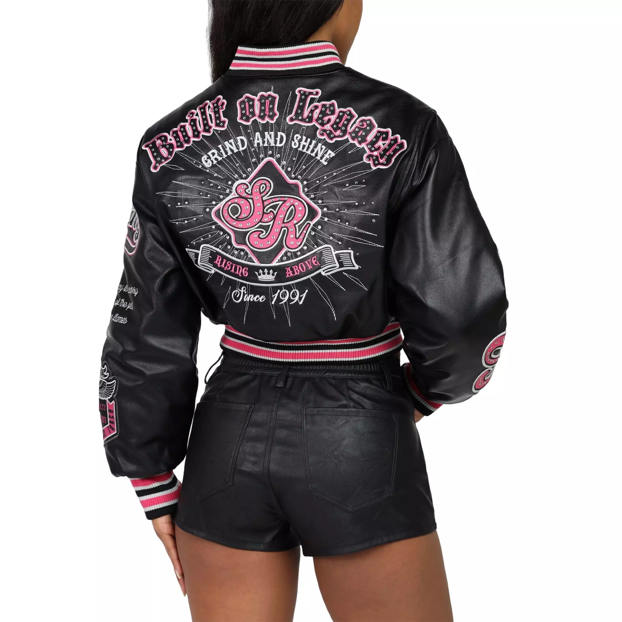 Smoke Rise Women's Cropped Varsity Jacket - Black/Pink - BLACK/PINK