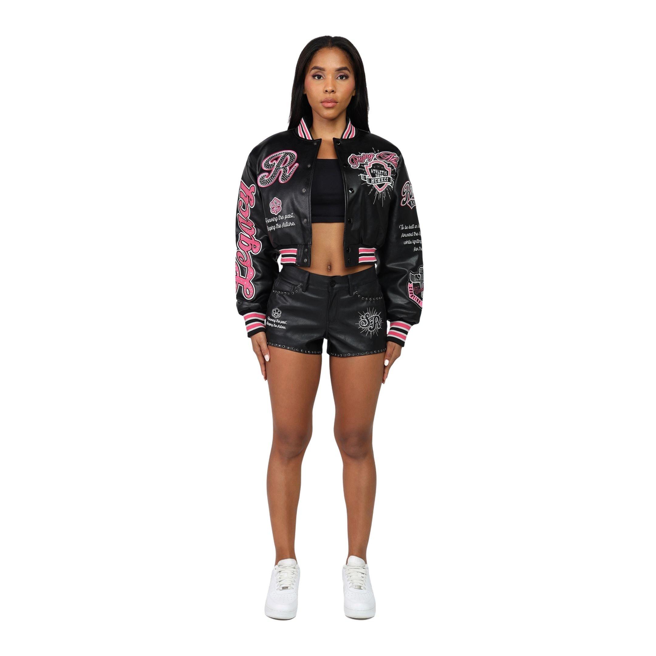 Smoke Rise Women's Cropped Varsity Jacket - Black/Pink - BLACK/PINK Thumbnail View 4