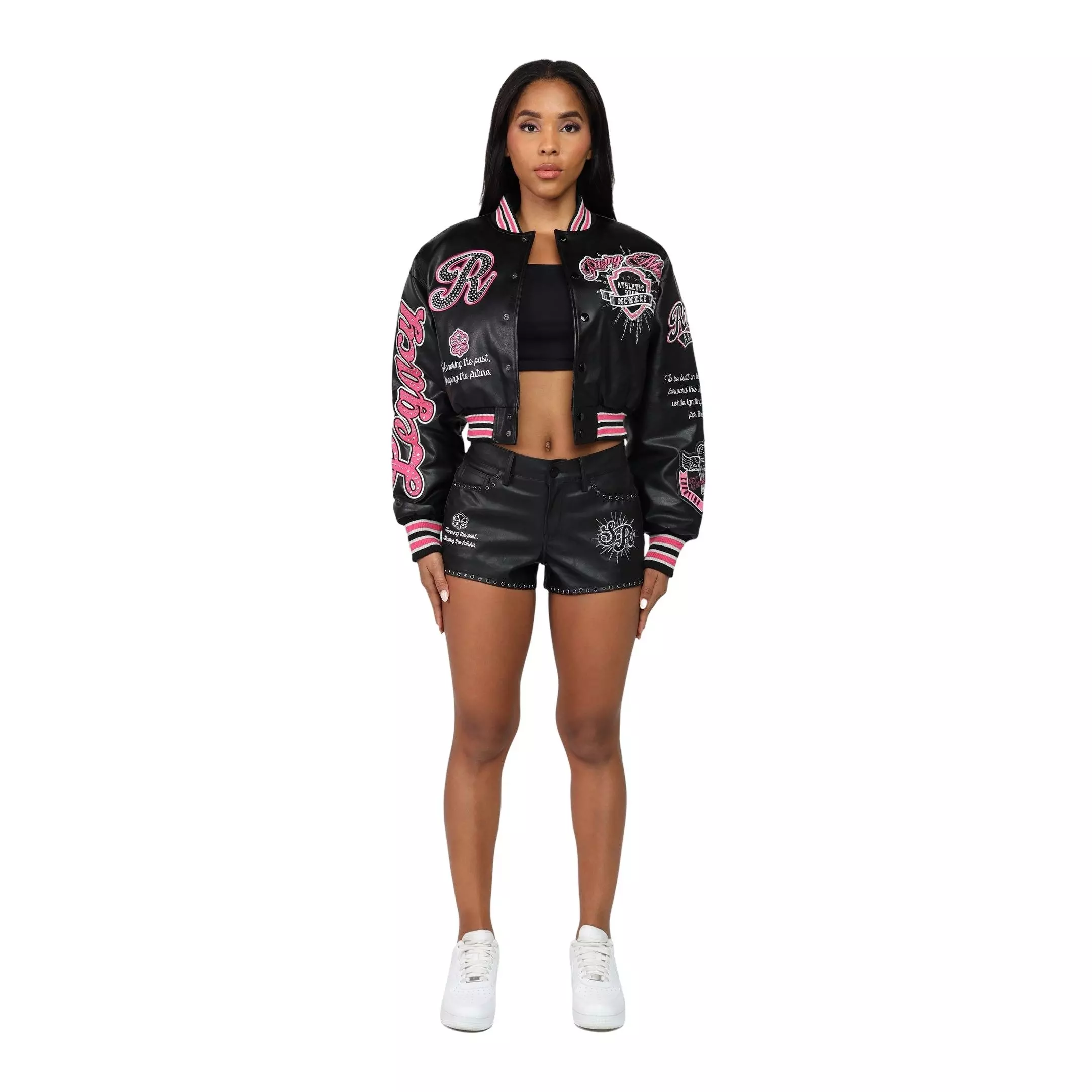 Smoke Rise Women's Cropped Varsity Jacket - Black/Pink - BLACK/PINK