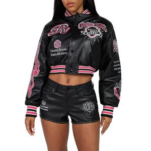 Smoke Rise Women's Cropped Varsity Jacket - Black/Pink