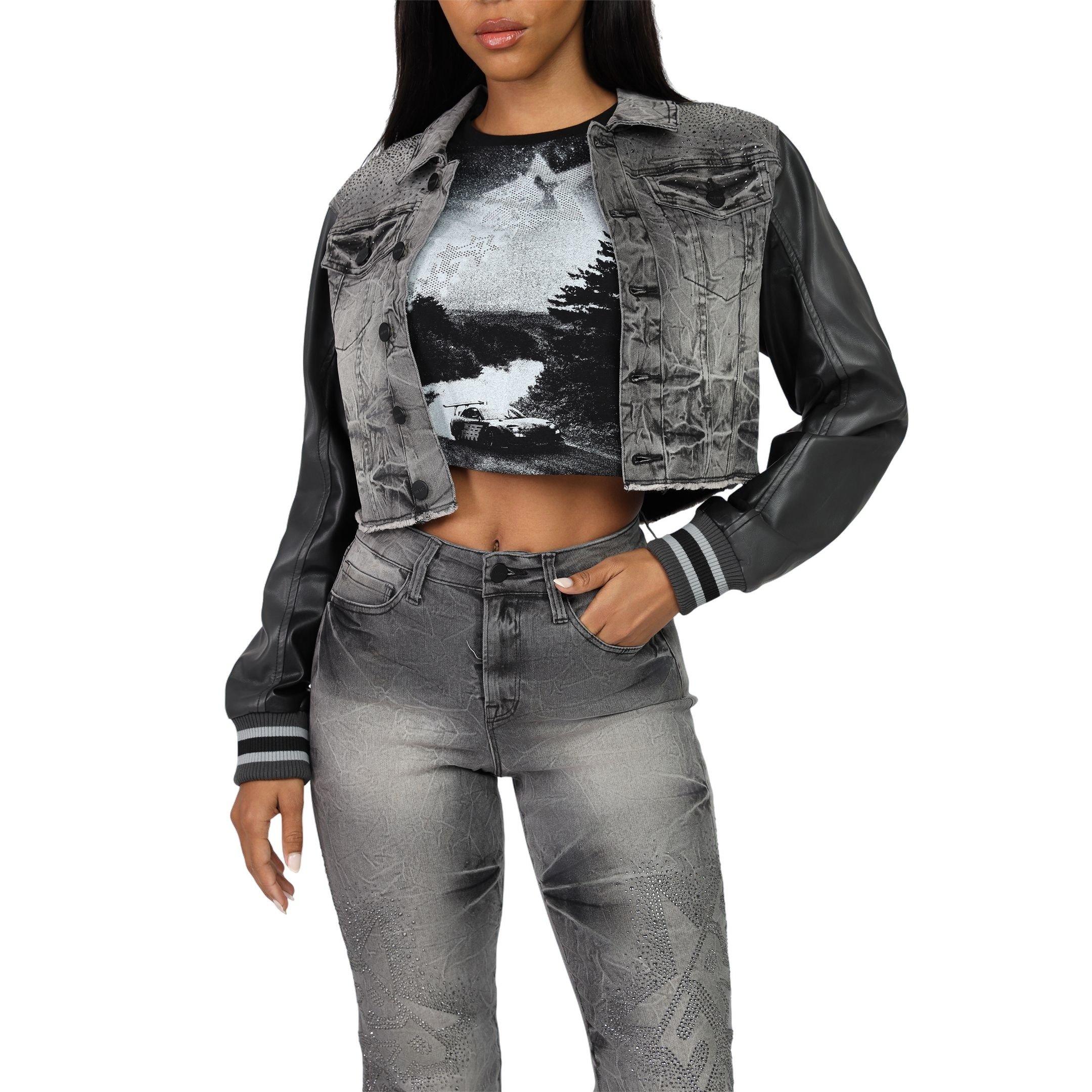 Smoke Rise Women's Rhinestone Denim Trucker Jacket - GREY Thumbnail View 1