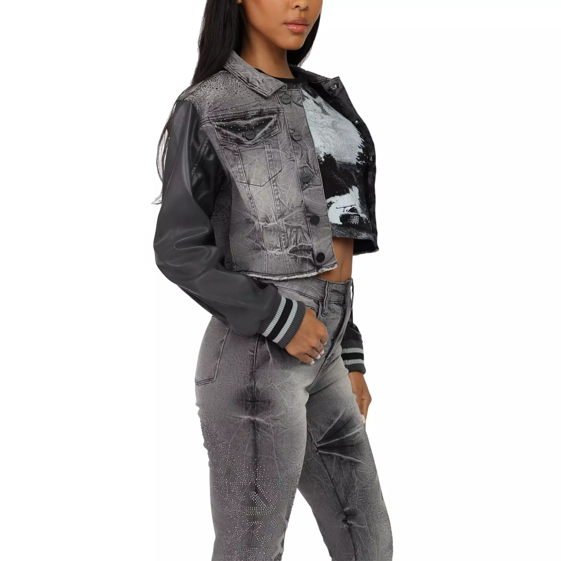 Smoke Rise Women's Rhinestone Denim Trucker Jacket - GREY