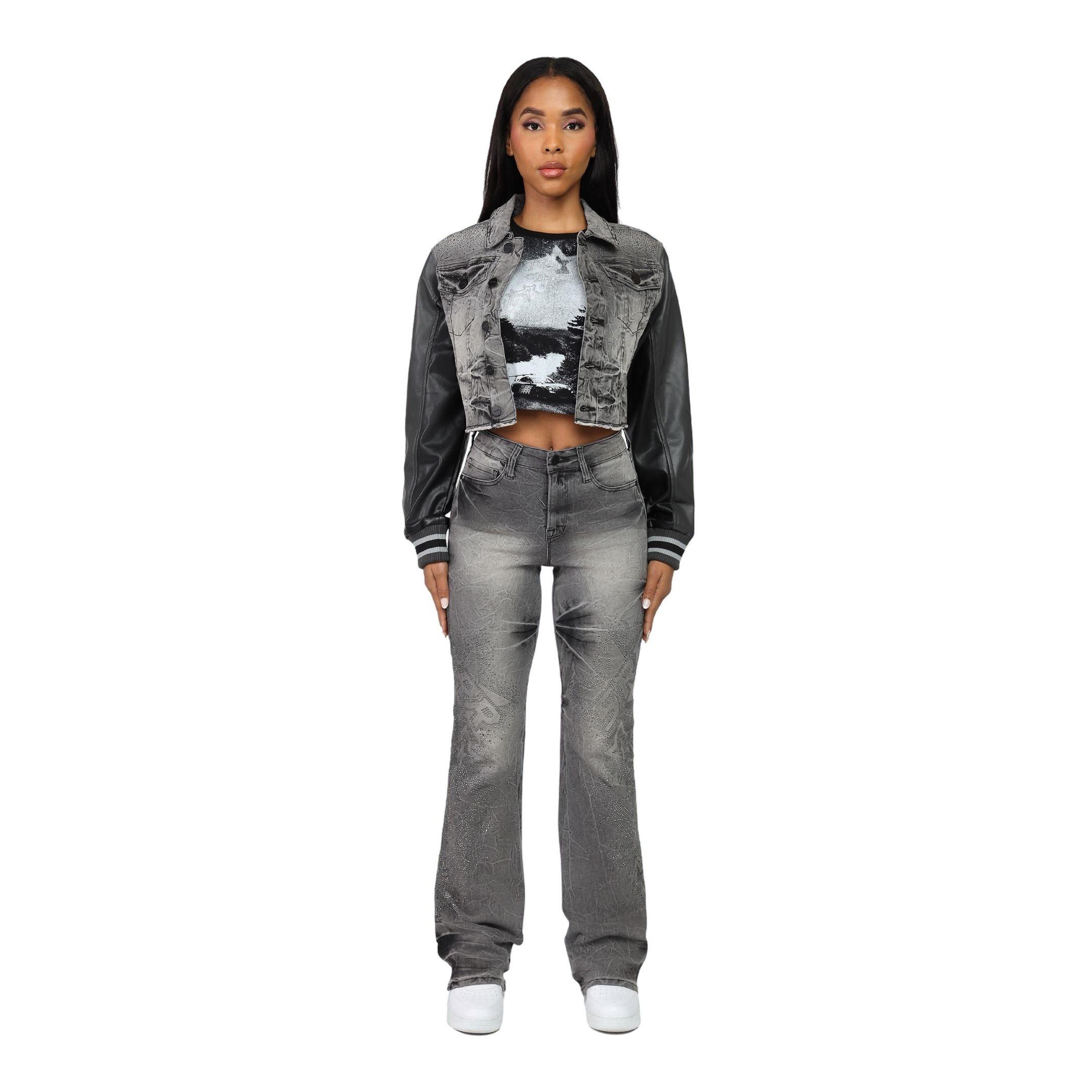 Smoke Rise Women's Rhinestone Denim Trucker Jacket - GREY Thumbnail View 4