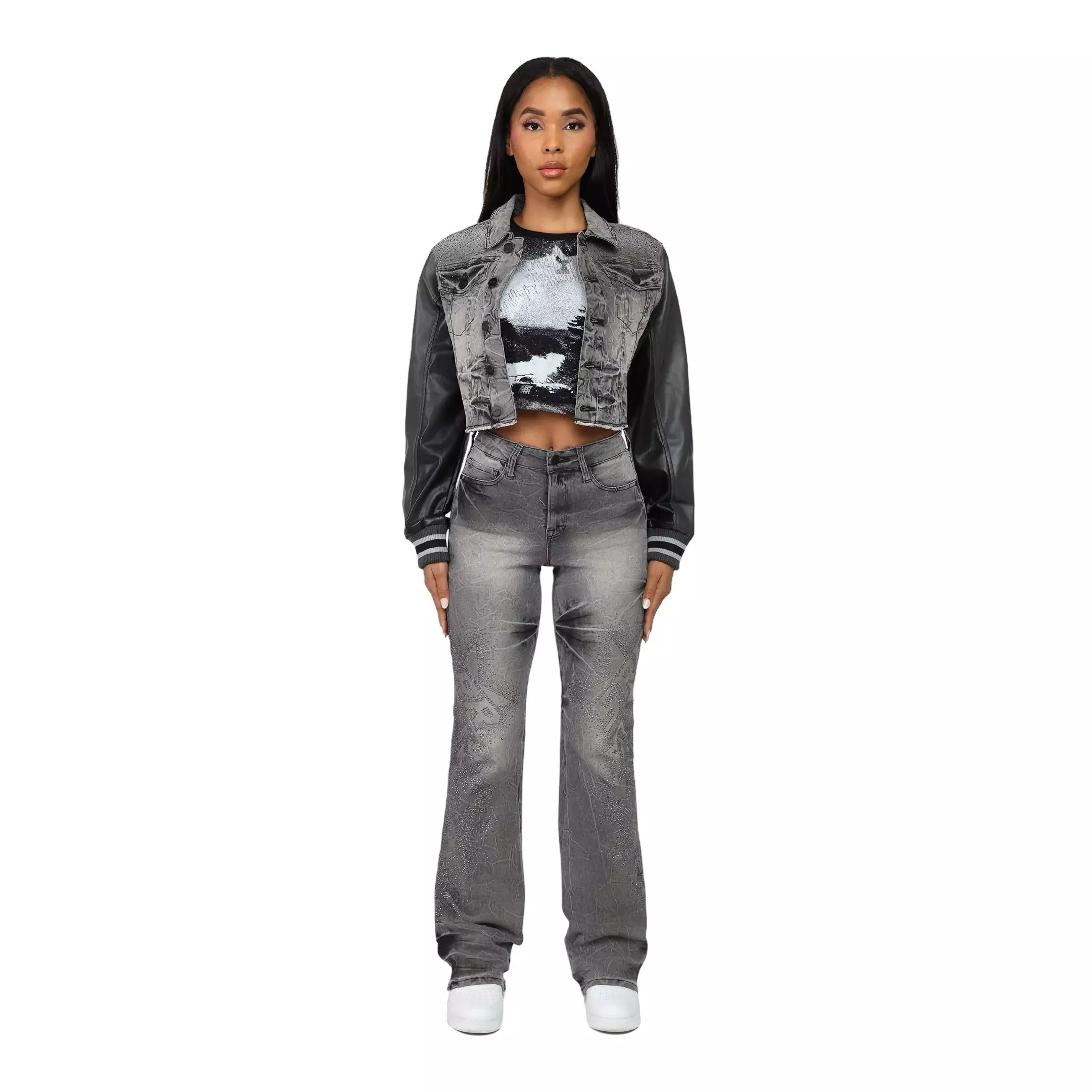 Smoke Rise Women's Rhinestone Denim Trucker Jacket - GREY