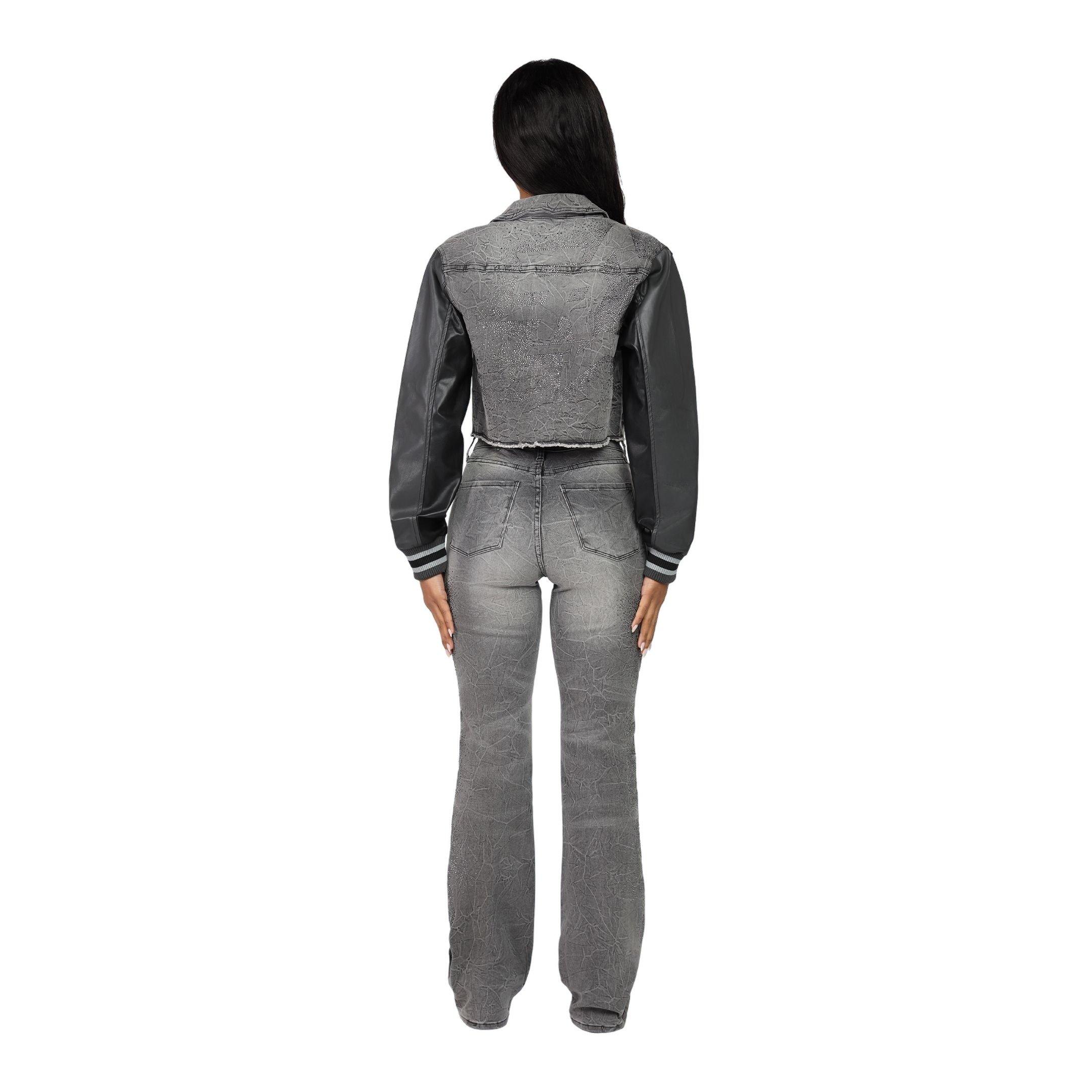 Smoke Rise Women's Rhinestone Denim Trucker Jacket - GREY Thumbnail View 5