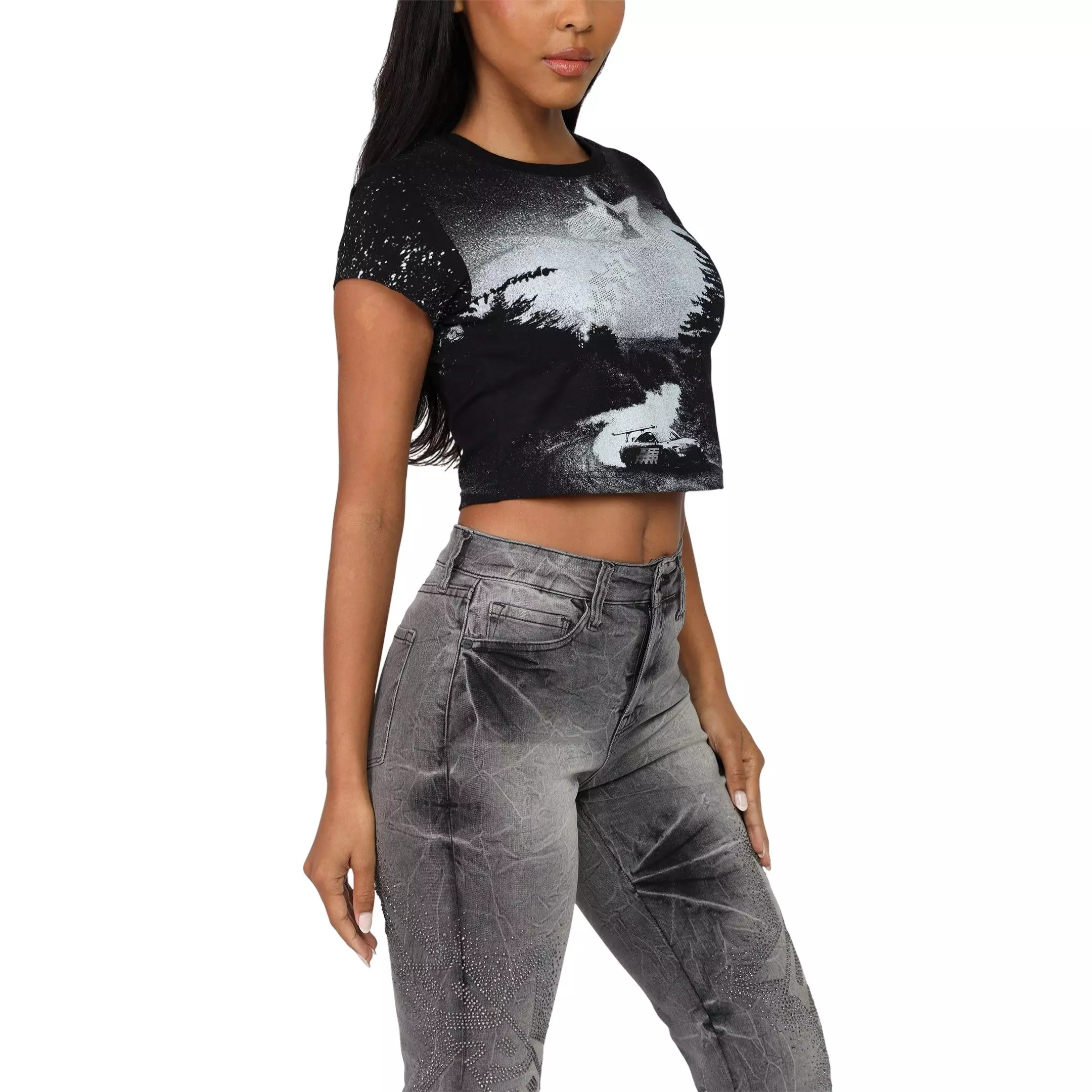 Smoke Rise Women's Rhinestone Tee - Black - BLACK