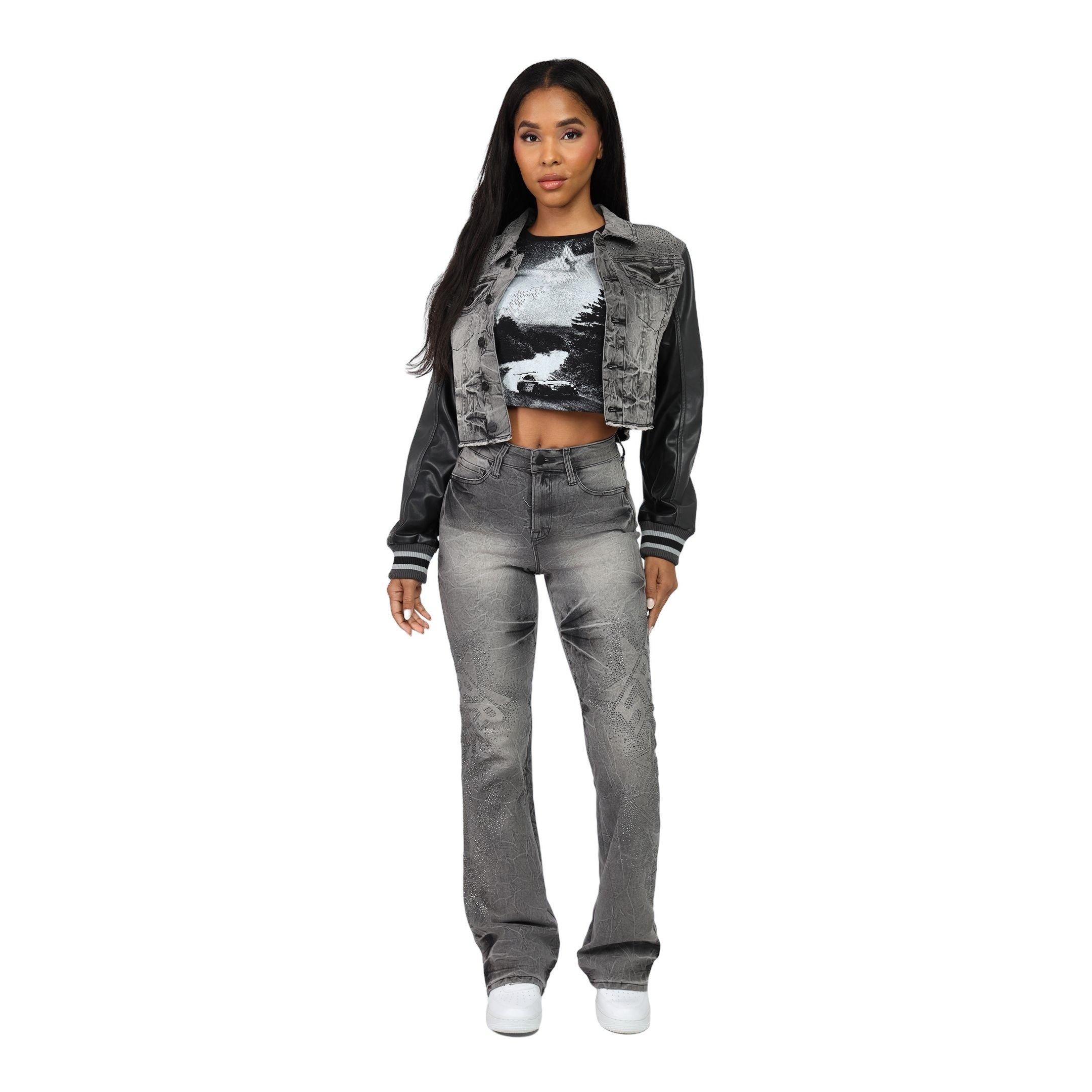 Smoke Rise Women's Rhinestone Stacked Jeans - GREY Thumbnail View 1