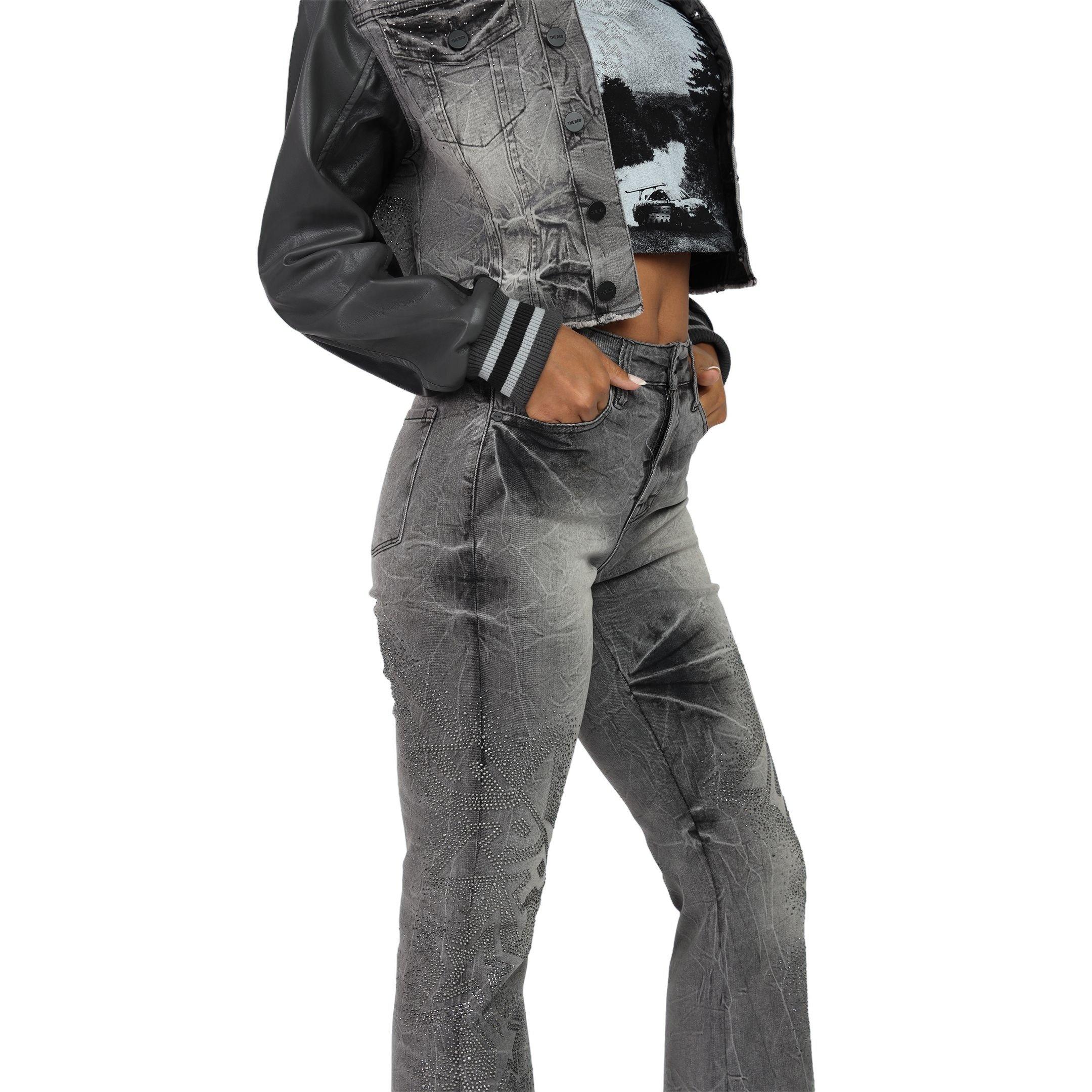 Smoke Rise Women's Rhinestone Stacked Jeans - GREY Thumbnail View 5