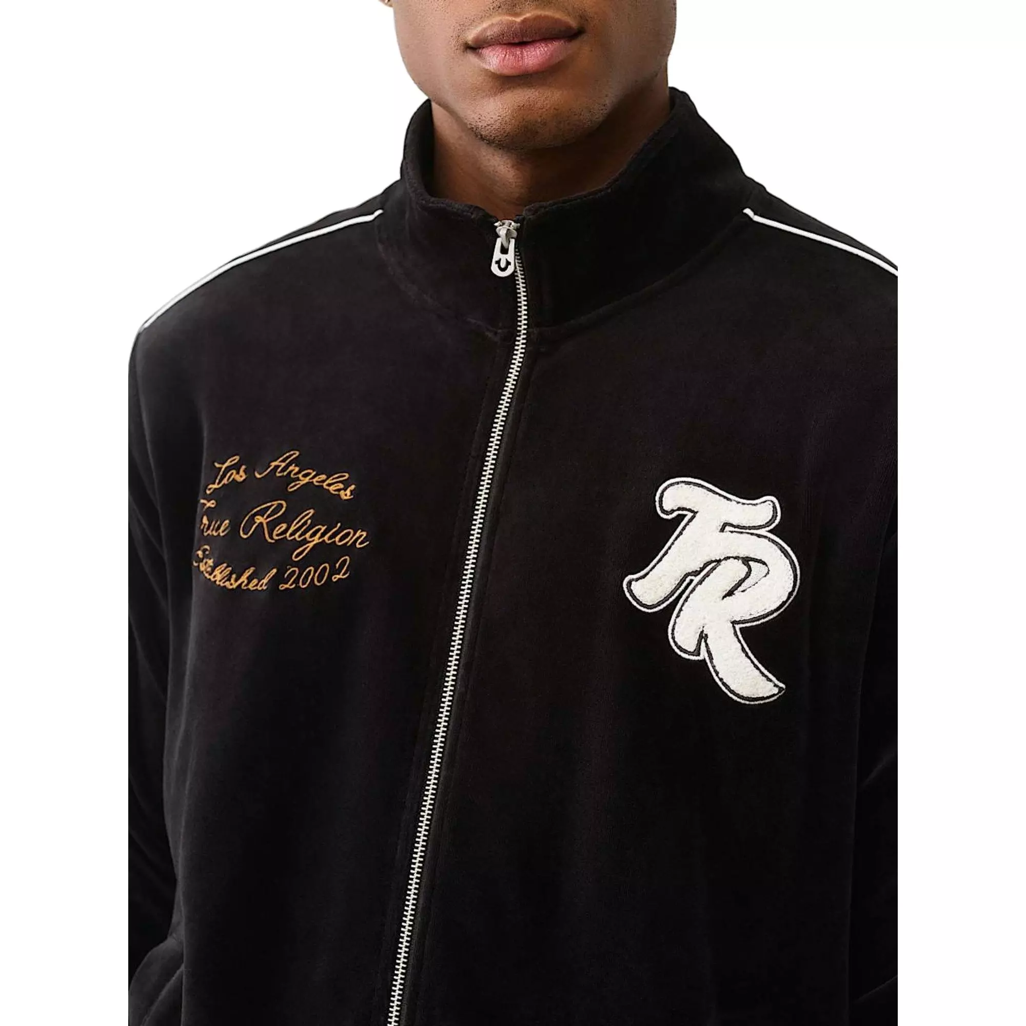 True Religion Men's Logo Patch Velour Track Jacket - BLACK