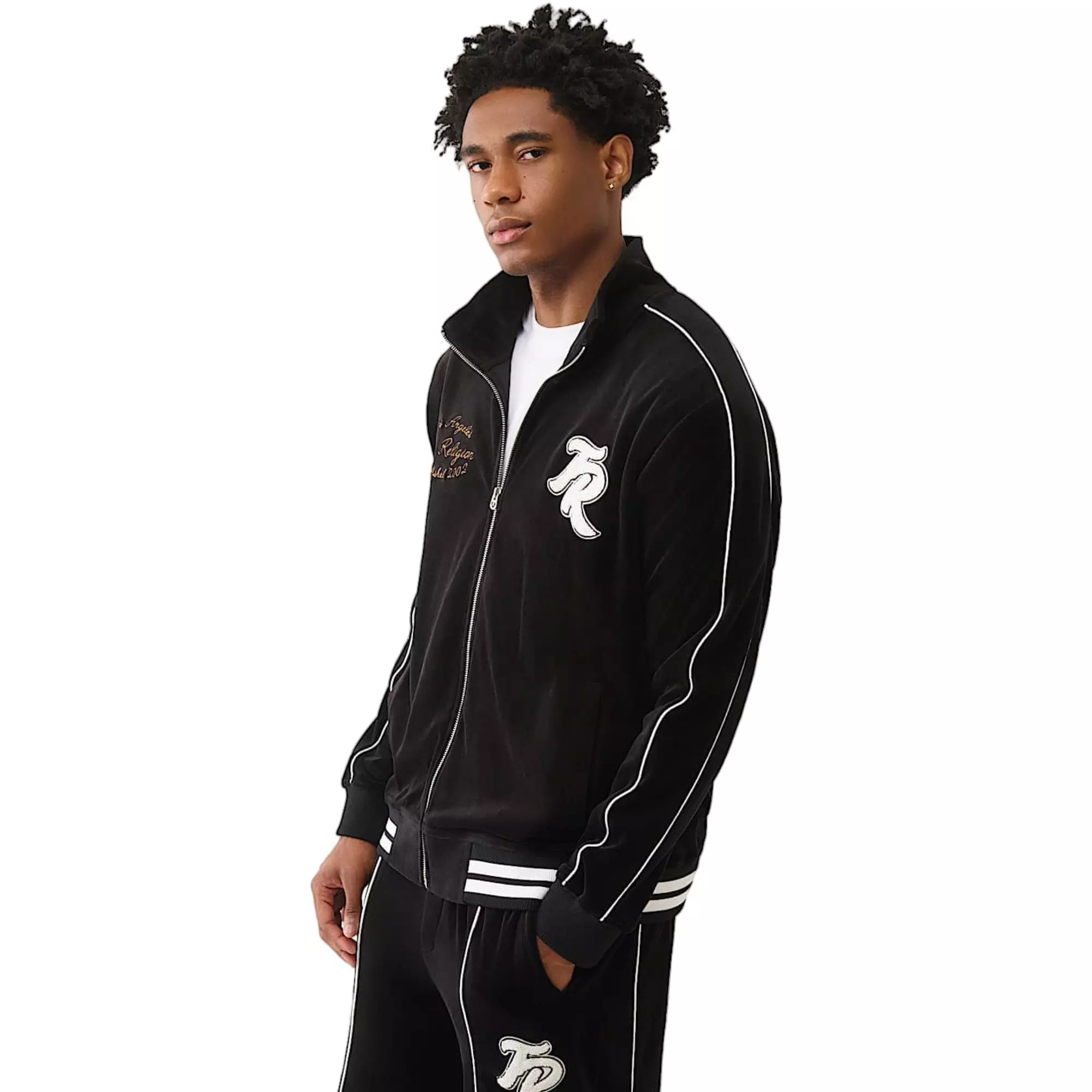 True Religion Men's Logo Patch Velour Track Jacket - BLACK