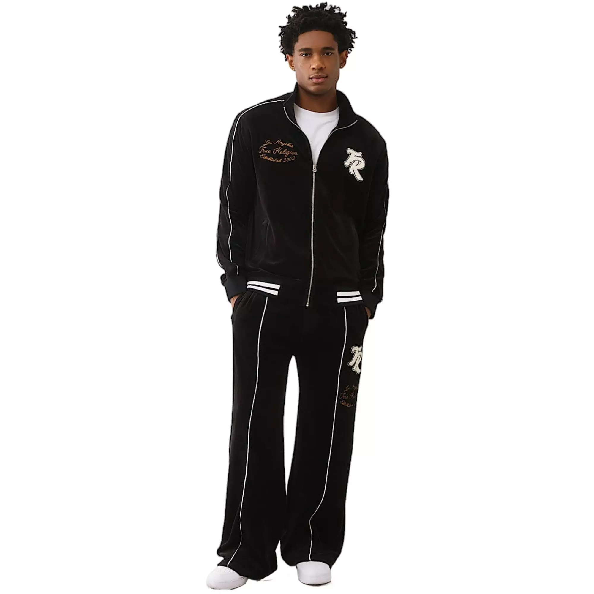 True Religion Men's Logo Patch Velour Track Jacket - BLACK