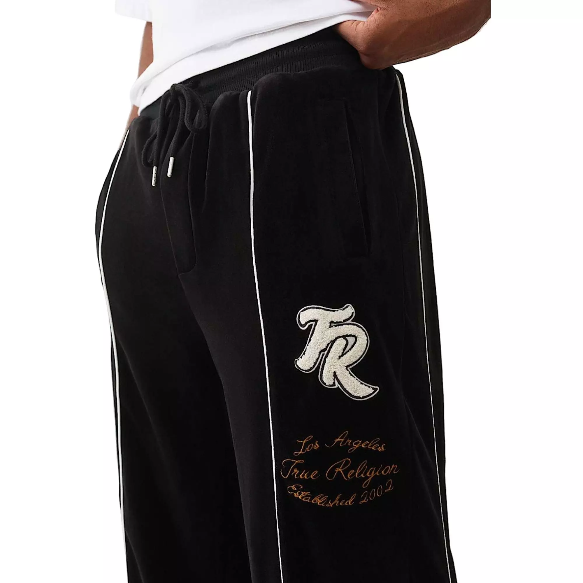 True Religion Men's Logo Patch Velour Track Pants - BLACK