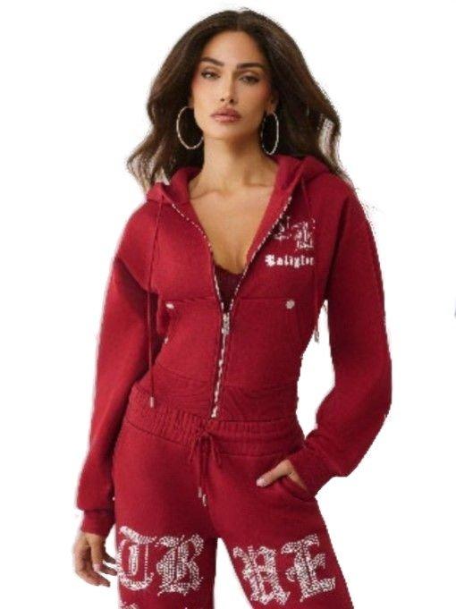 True Religion Women's Crystal Cropped Zipped Hoodie - PINK Thumbnail View 1