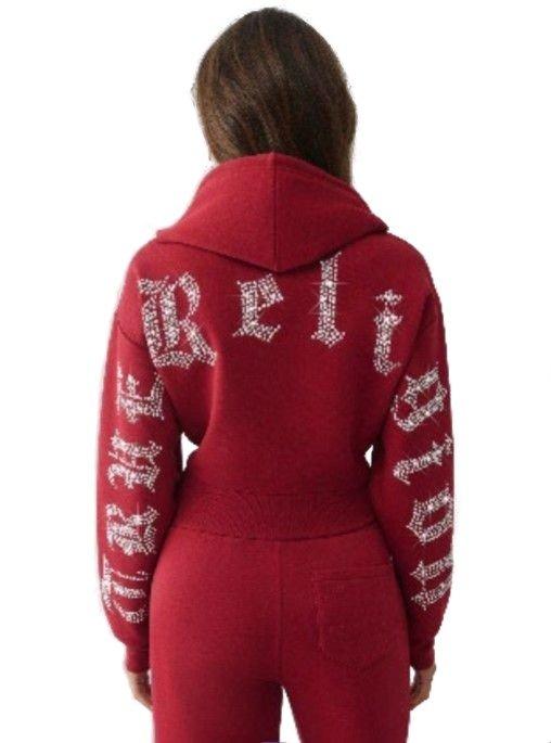 True Religion Women's Crystal Cropped Zipped Hoodie - PINK Thumbnail View 2