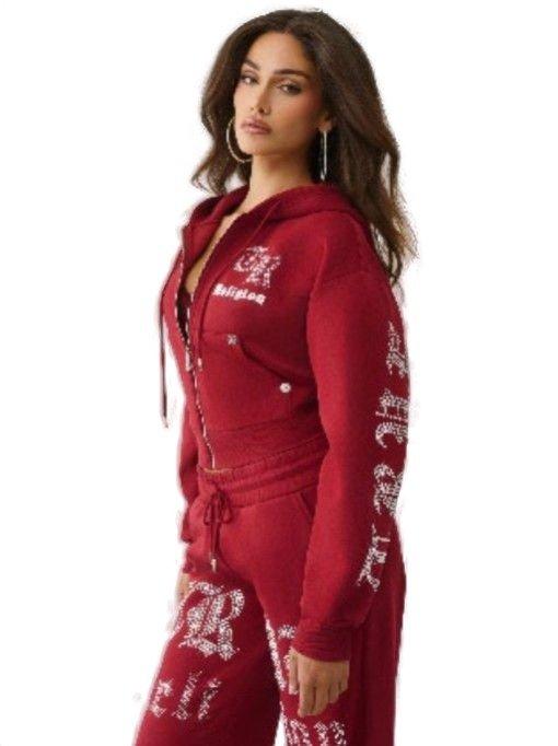 True Religion Women's Crystal Cropped Zipped Hoodie - PINK Thumbnail View 3