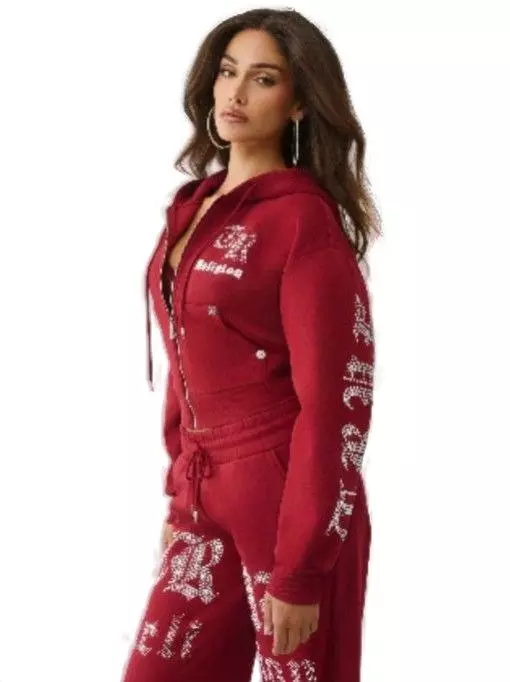 True Religion Women's Crystal Cropped Zipped Hoodie - PINK