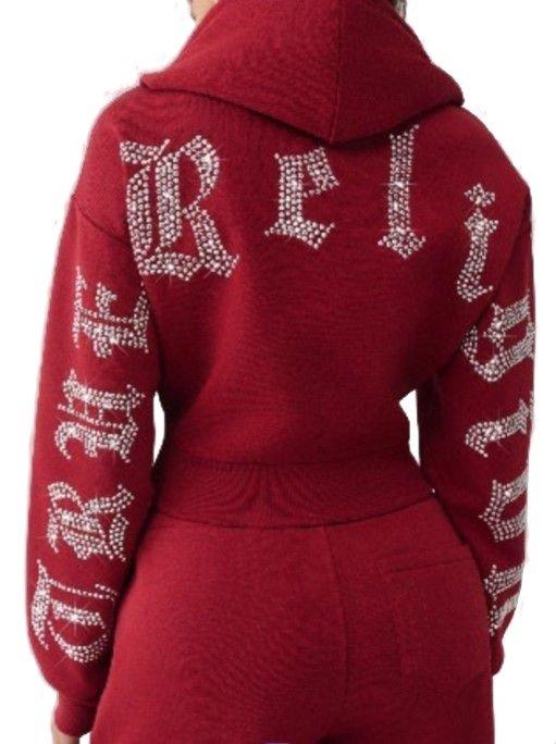 True Religion Women's Crystal Cropped Zipped Hoodie - PINK Thumbnail View 5