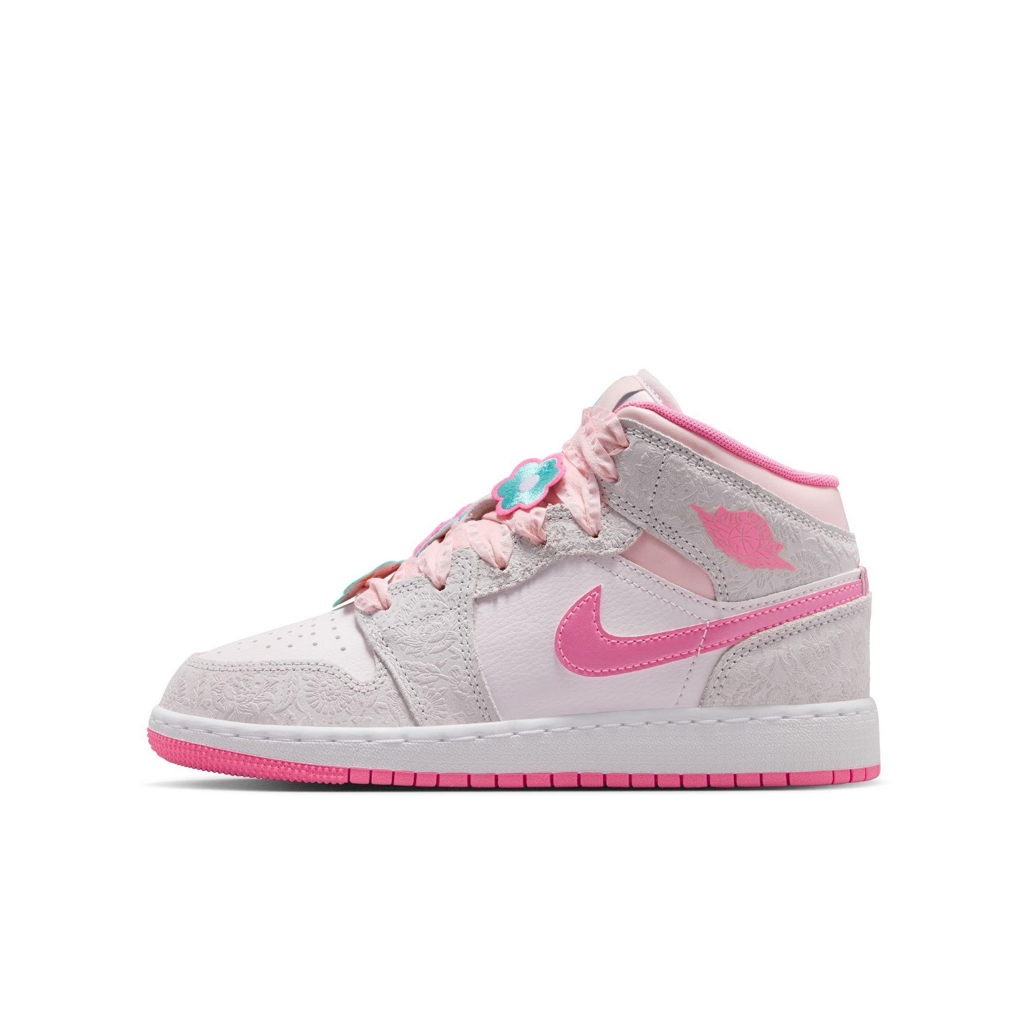 Jordan 1 Mid Alt SE "Vast Grey/Pink Glow/Sail" Grade School Girls' Shoe - PINK/GREY Thumbnail View 3
