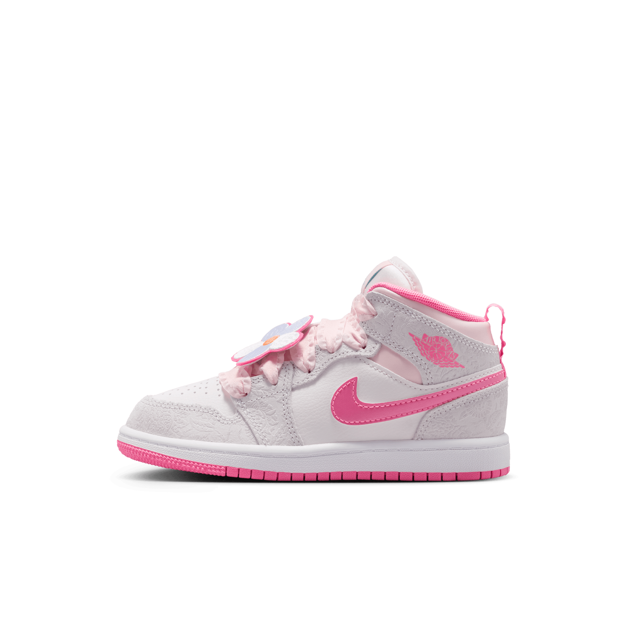 Jordan 1 Mid SE "Vast Grey/Pink Glow/Sail/Pink Bloom" Preschool Girls' Shoe - PINK/GREY Thumbnail View 3