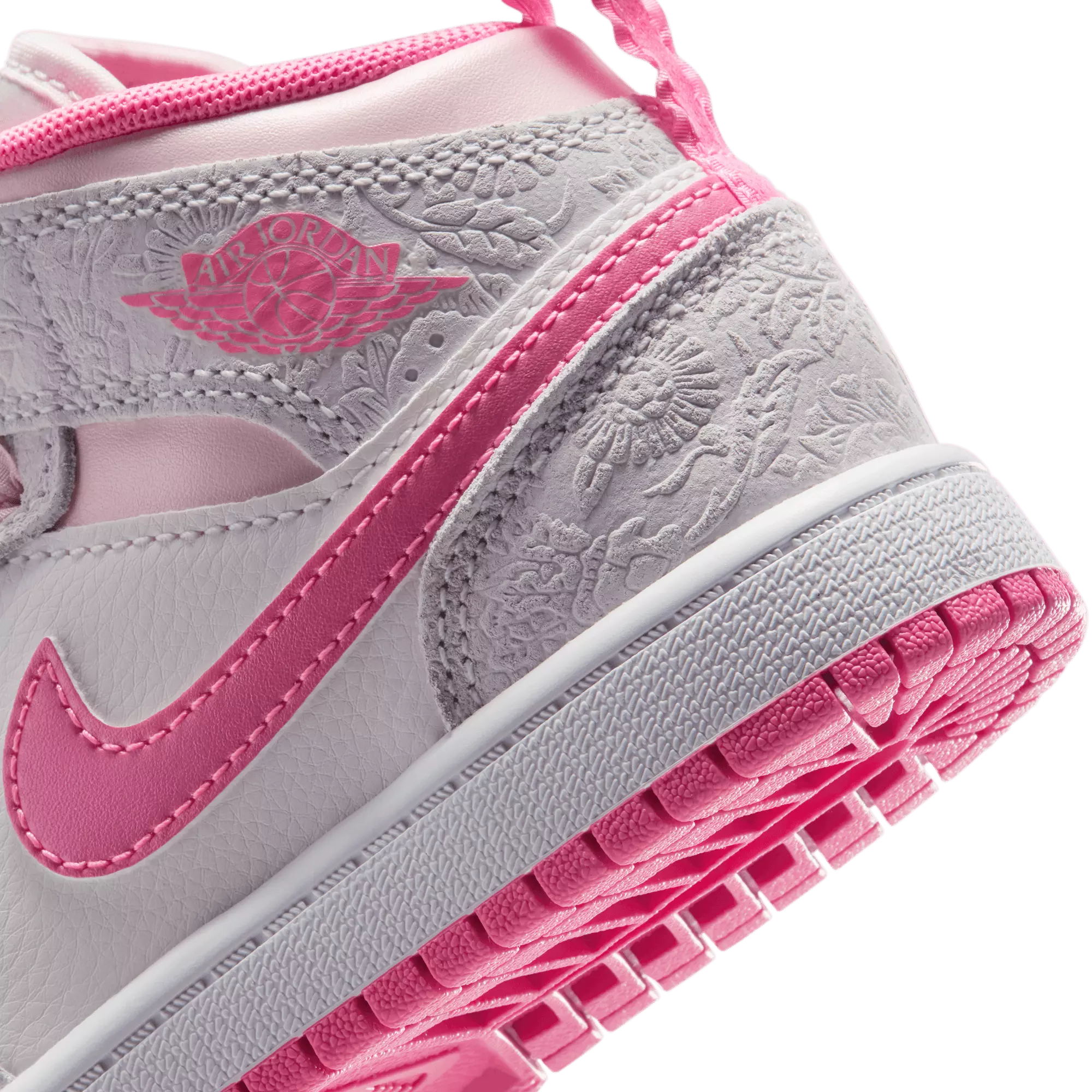 Jordan 1 Mid SE "Vast Grey/Pink Glow/Sail/Pink Bloom" Preschool Girls' Shoe - PINK/GREY