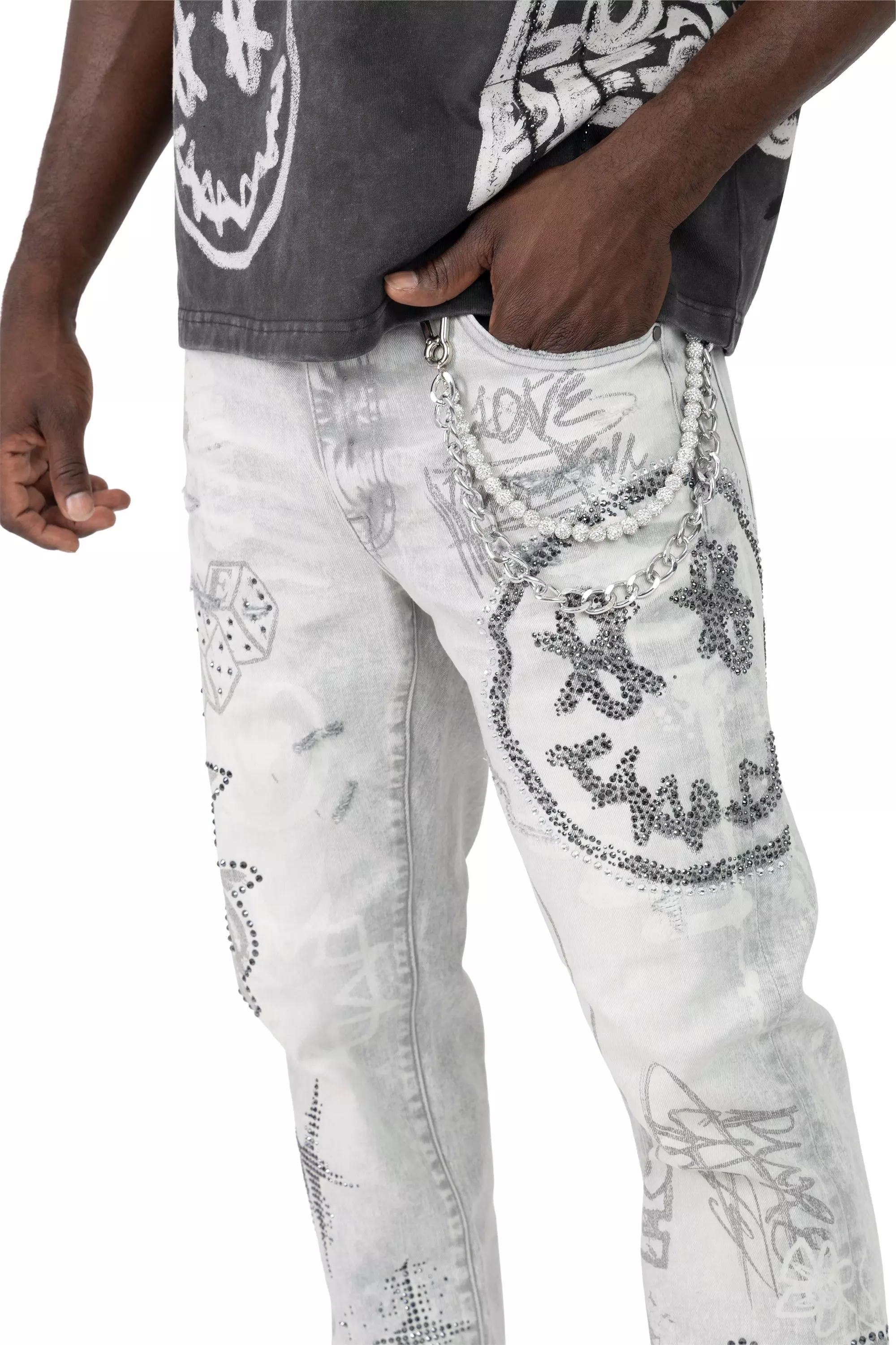 Smoke Rise Men's Smile Doodle Denim Jeans - Breezy Grey - GREY