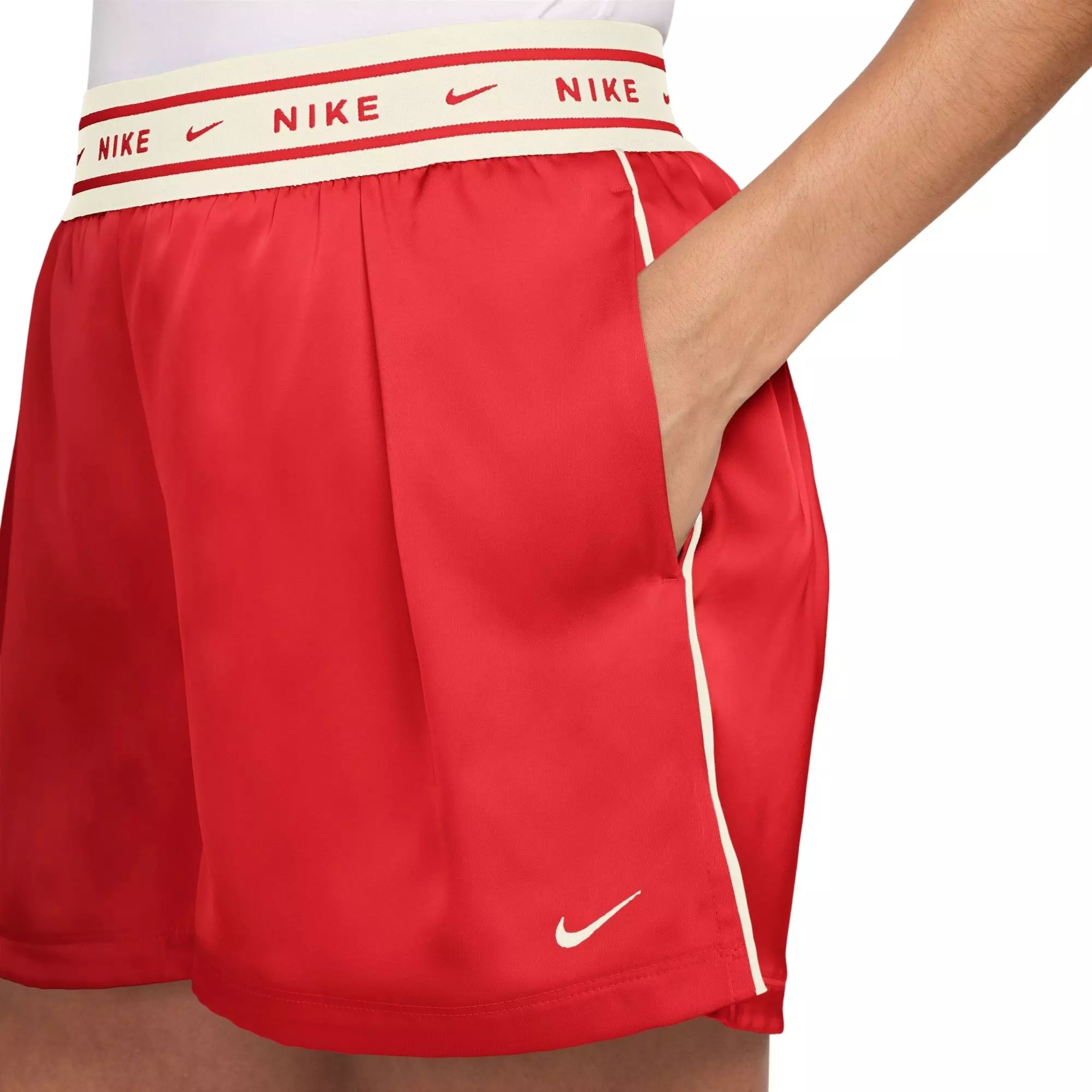 Nike Women's Sportswear Loose Mid-Rise Satin Shorts-Red - CRIMSON