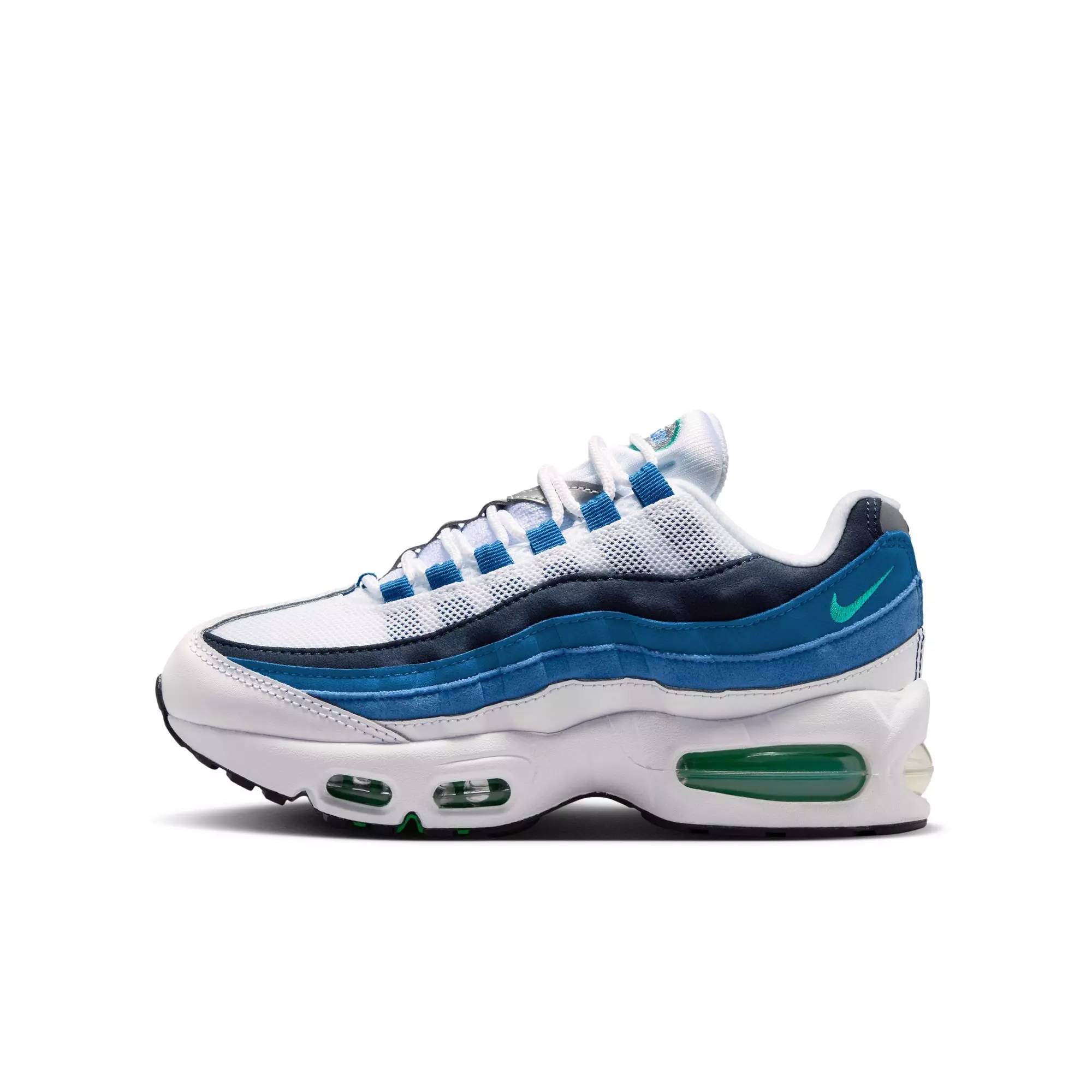 Nike Air Max 95 Big Bubble Premium "White/Emerald Green/Lake Blue" Grade School Boys' Shoe - WHITE/BLUE