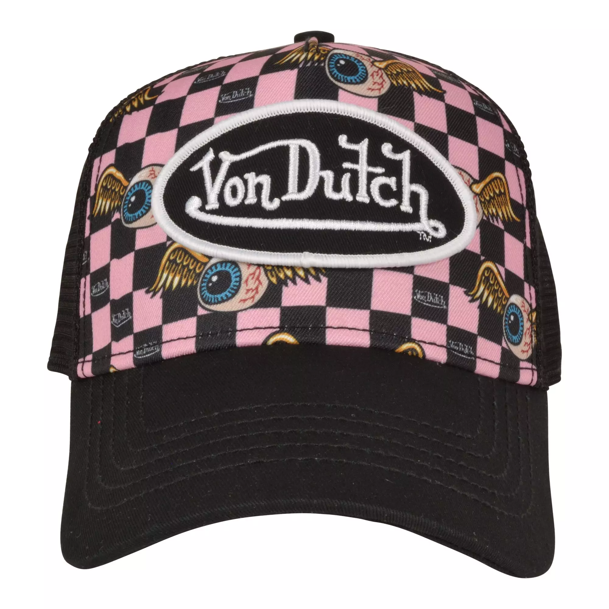 Von Dutch Checkered Multicolor Trucker Snapback Hat-Black/Pink - BLACK/PINK
