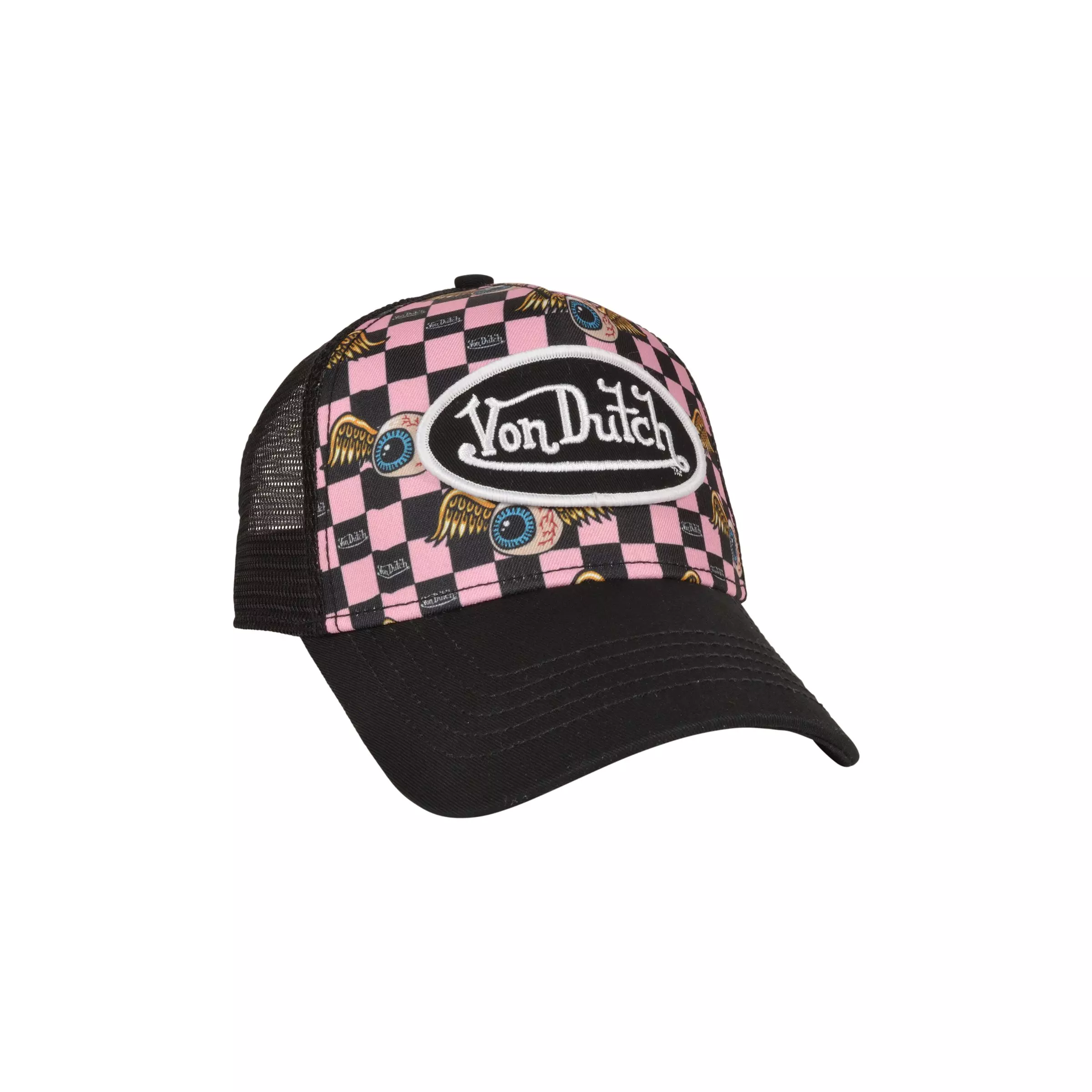 Von Dutch Checkered Multicolor Trucker Snapback Hat-Black/Pink - BLACK/PINK