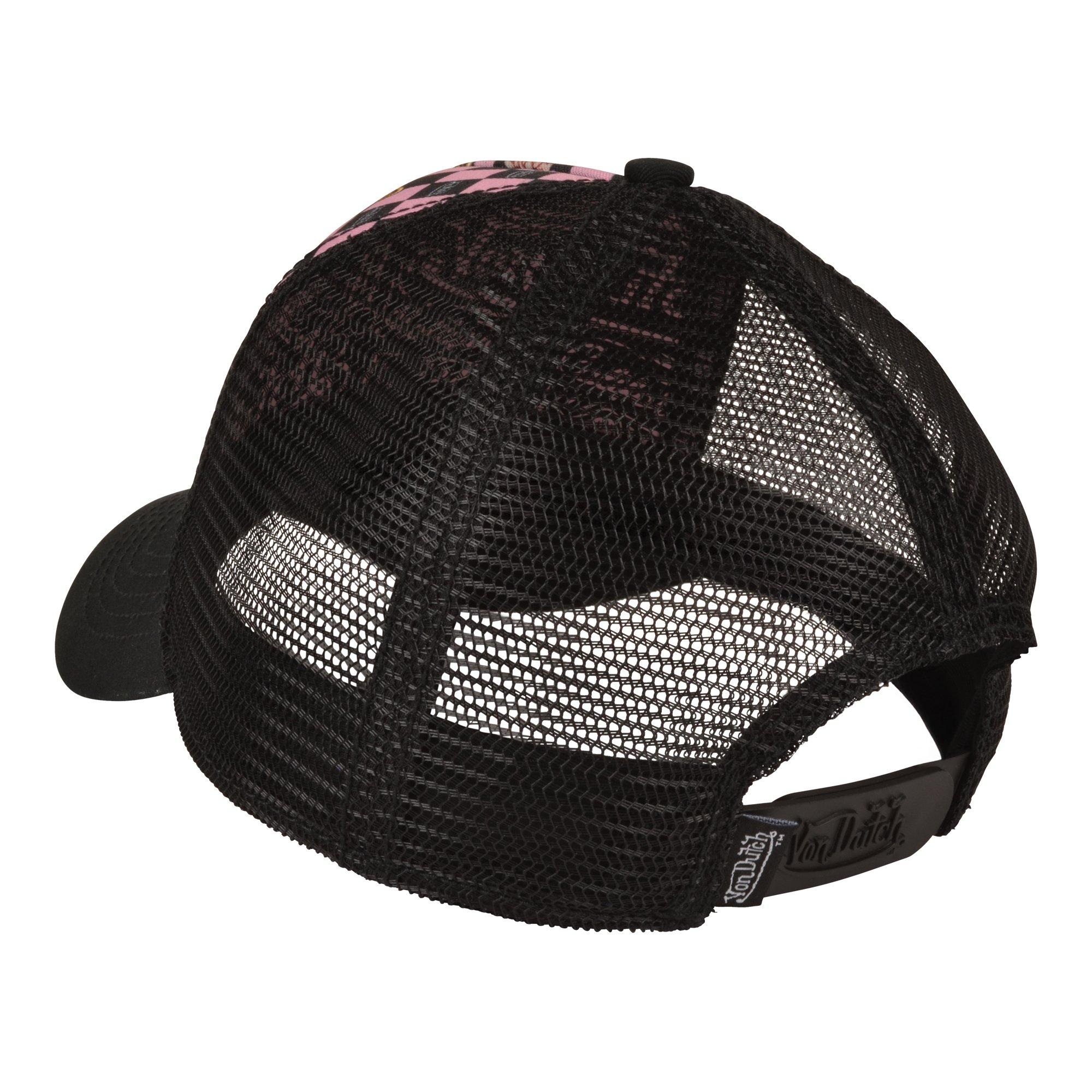Von Dutch multicolor logo trucker hat breathable mesh back & snapback closure. Von Dutch Checkered Multicolor Trucker Snapback Hat-Black/Pink main image 3