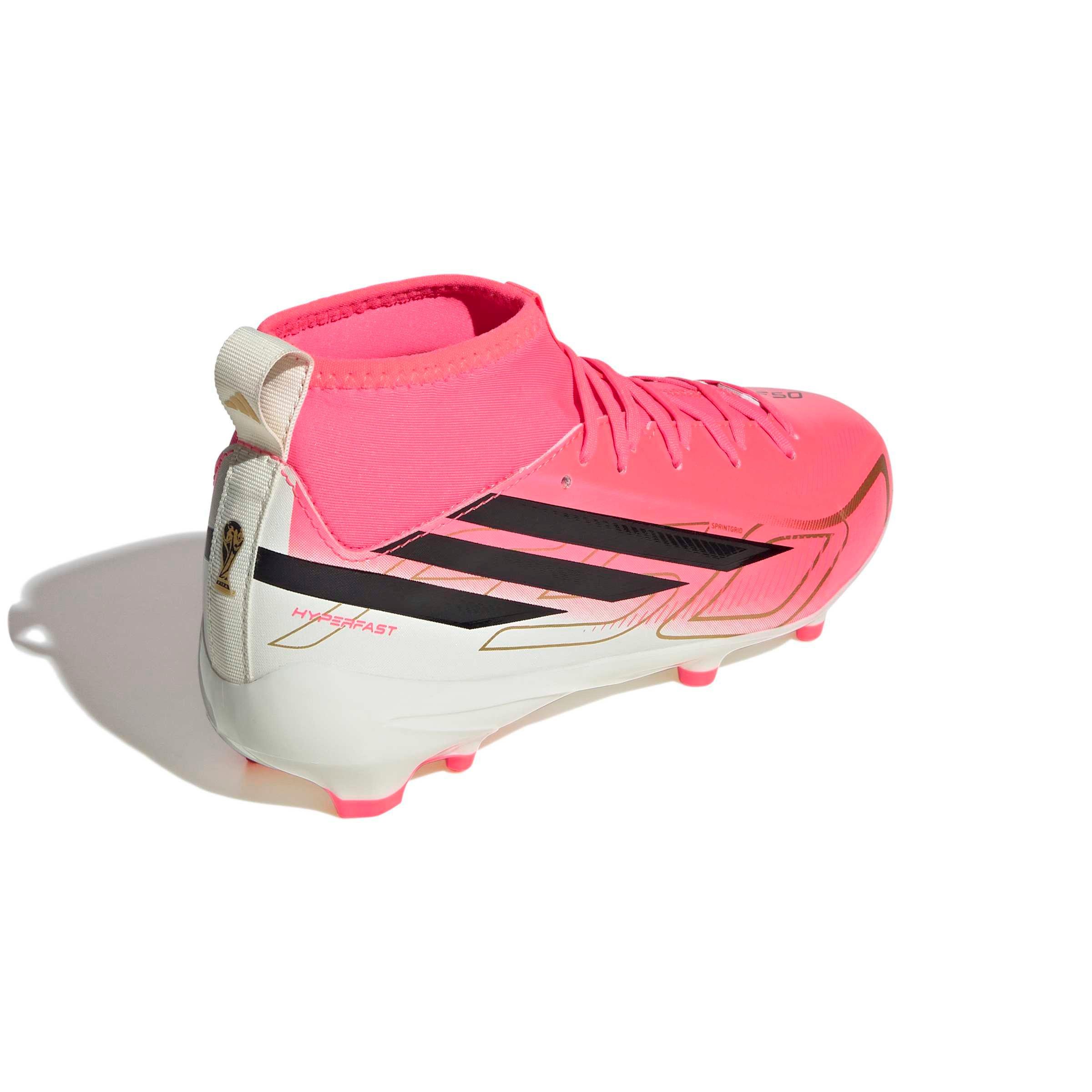 adidas F50 HyperFast League Mid FG "World Cup" Grade School Kids' Soccer Cleat - SOLAR TURBO/CORE BLACK/GOLD METALLIC Thumbnail View 6