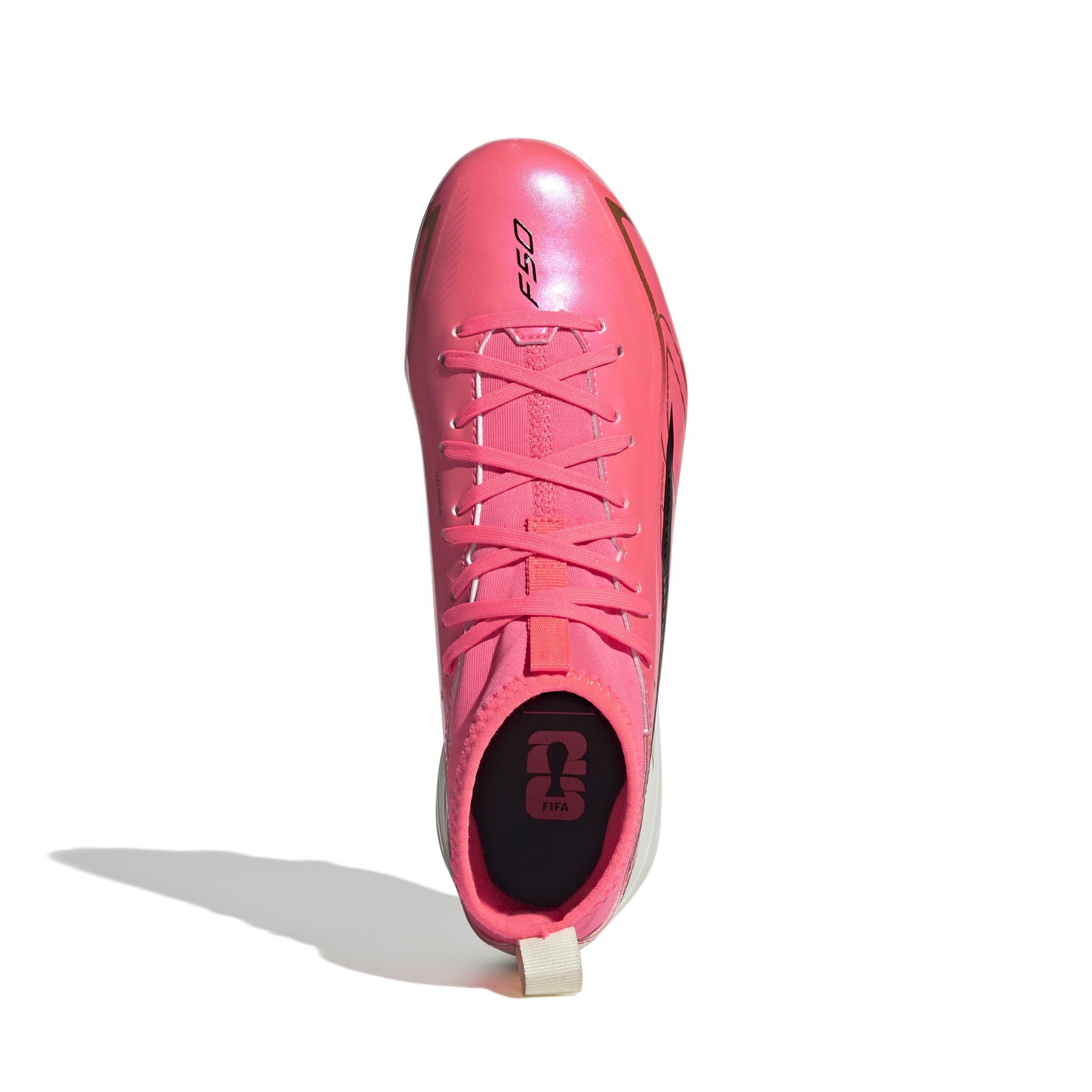 adidas F50 HyperFast League Mid FG "World Cup" Grade School Kids' Soccer Cleat - SOLAR TURBO/CORE BLACK/GOLD METALLIC Thumbnail View 7