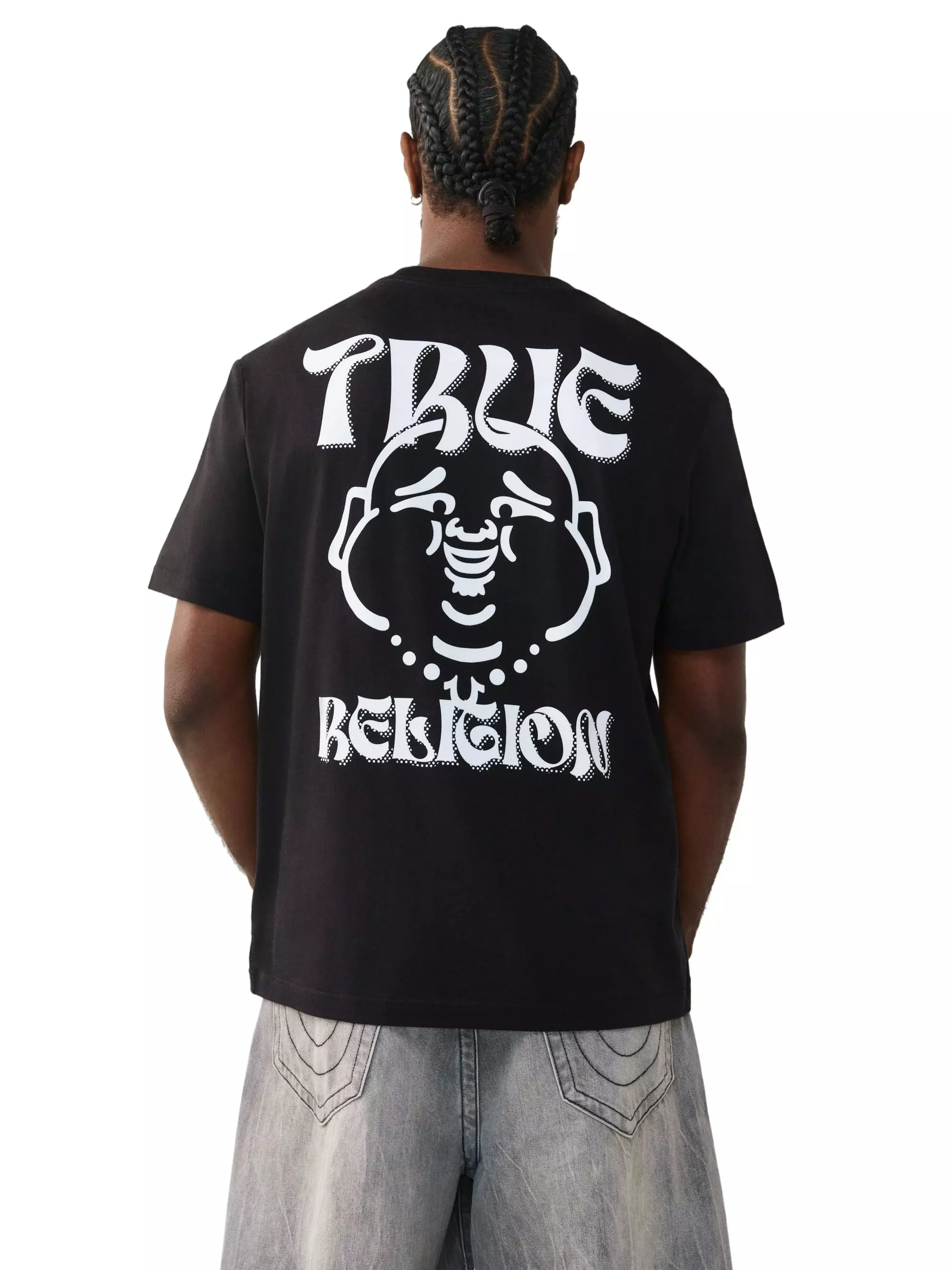 True Religion Men's Wavy Logo Buddha Face Graphic Tee - BLACK