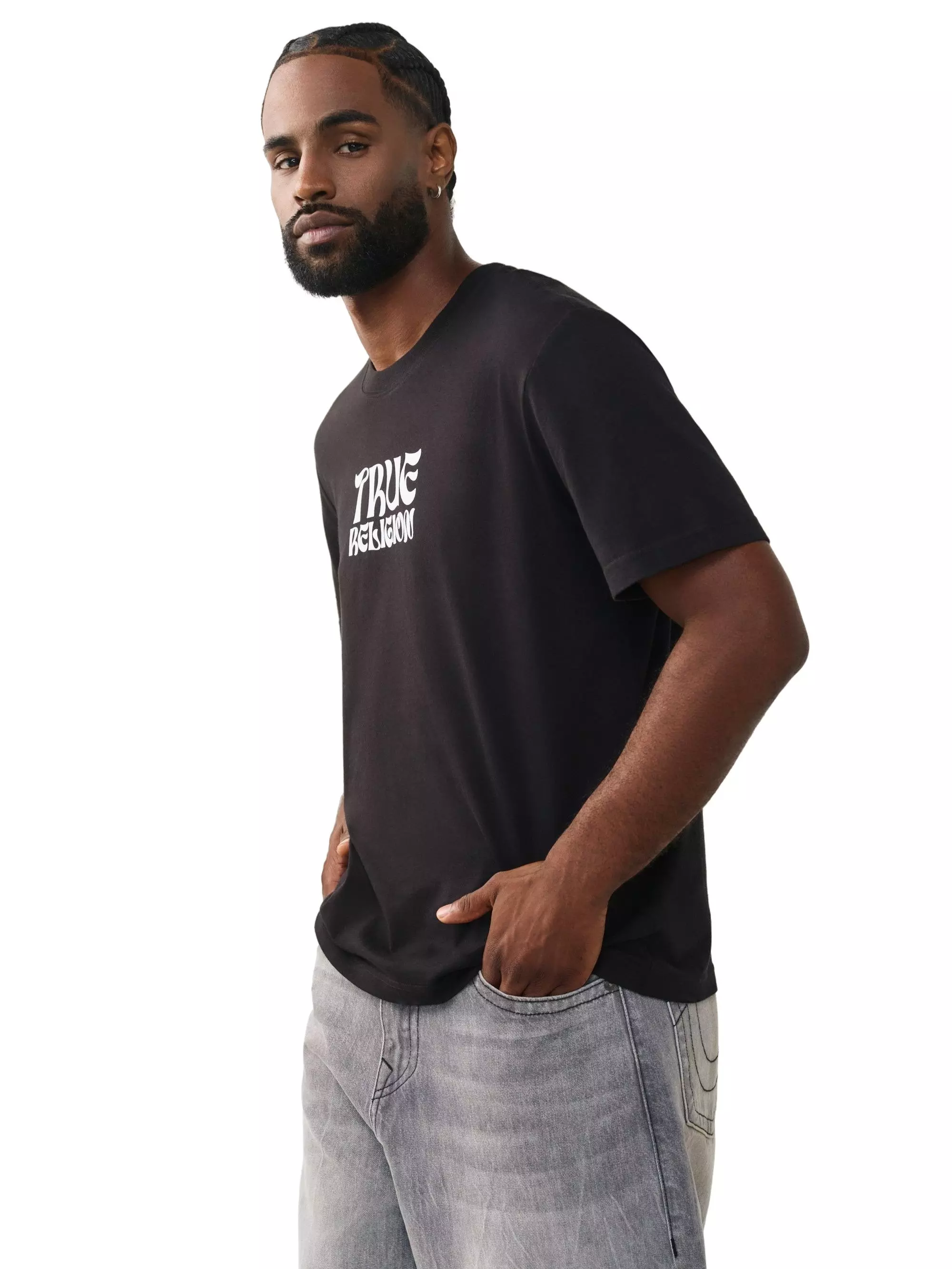 True Religion Men's Wavy Logo Buddha Face Graphic Tee - Black - BLACK