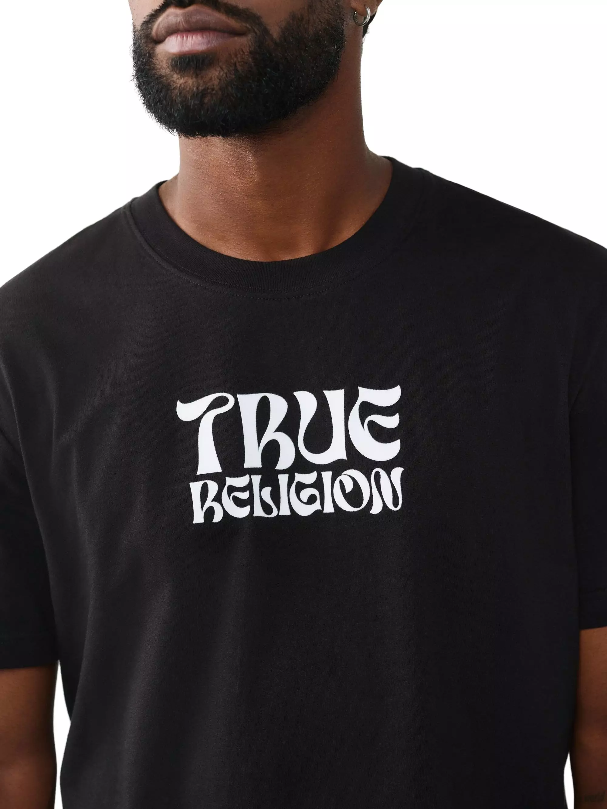 True Religion Men's Wavy Logo Buddha Face Graphic Tee - BLACK