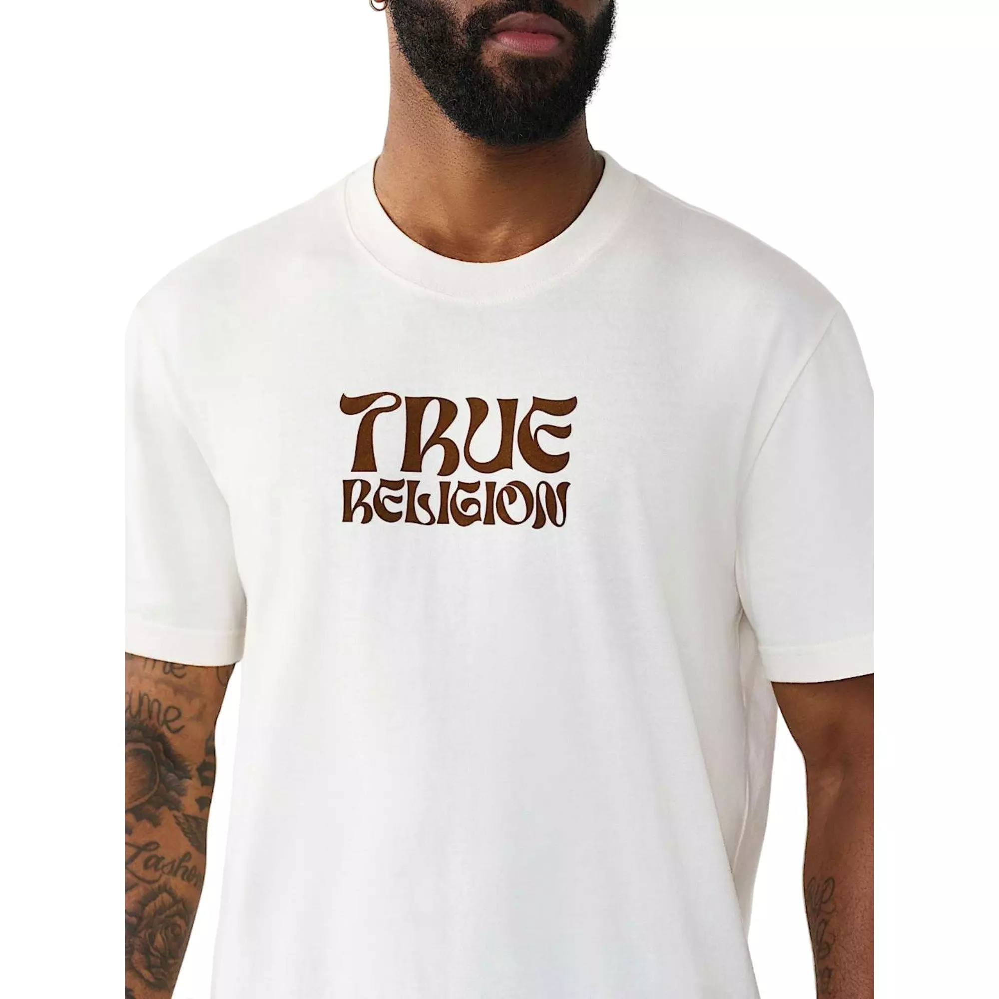 True Religion Men's Wavy Logo Buddha Face Graphic Tee - IVORY