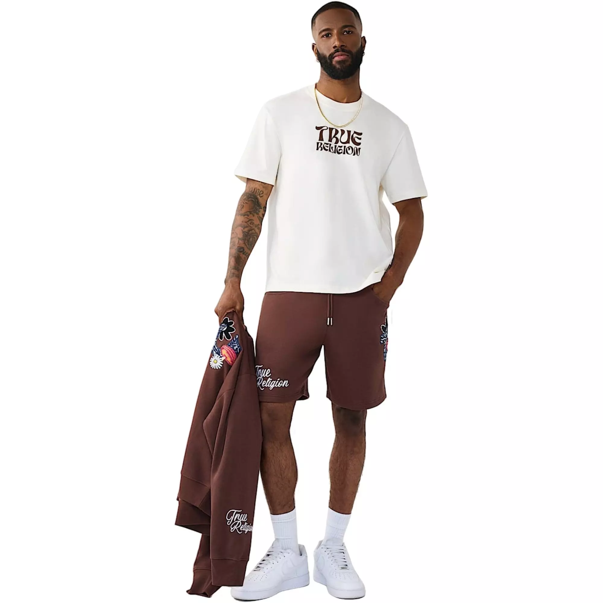 True Religion Men's Wavy Logo Buddha Face Graphic Tee - IVORY