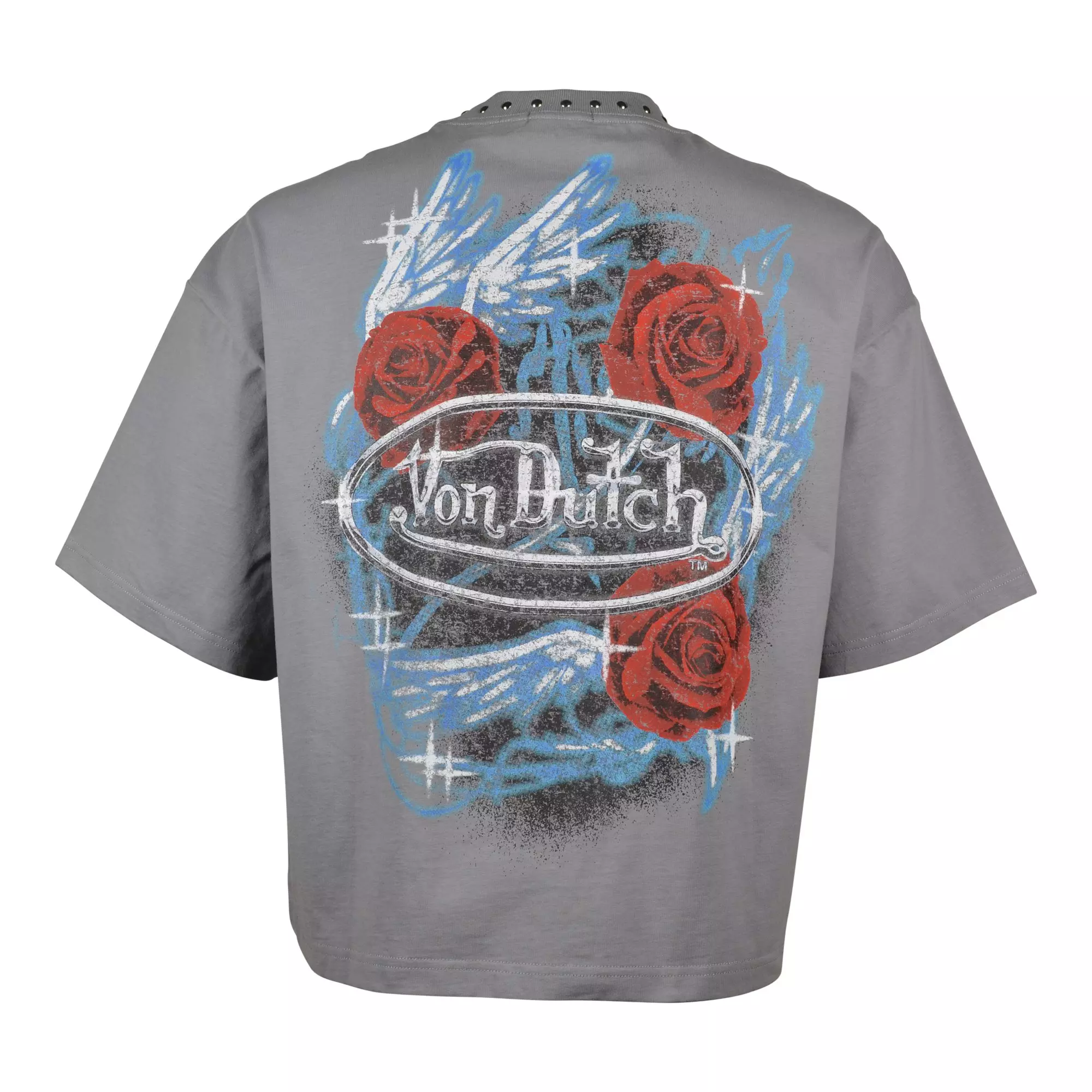 Von Dutch Men's Rose Stud Cropped Mockingbird Tee - GREY