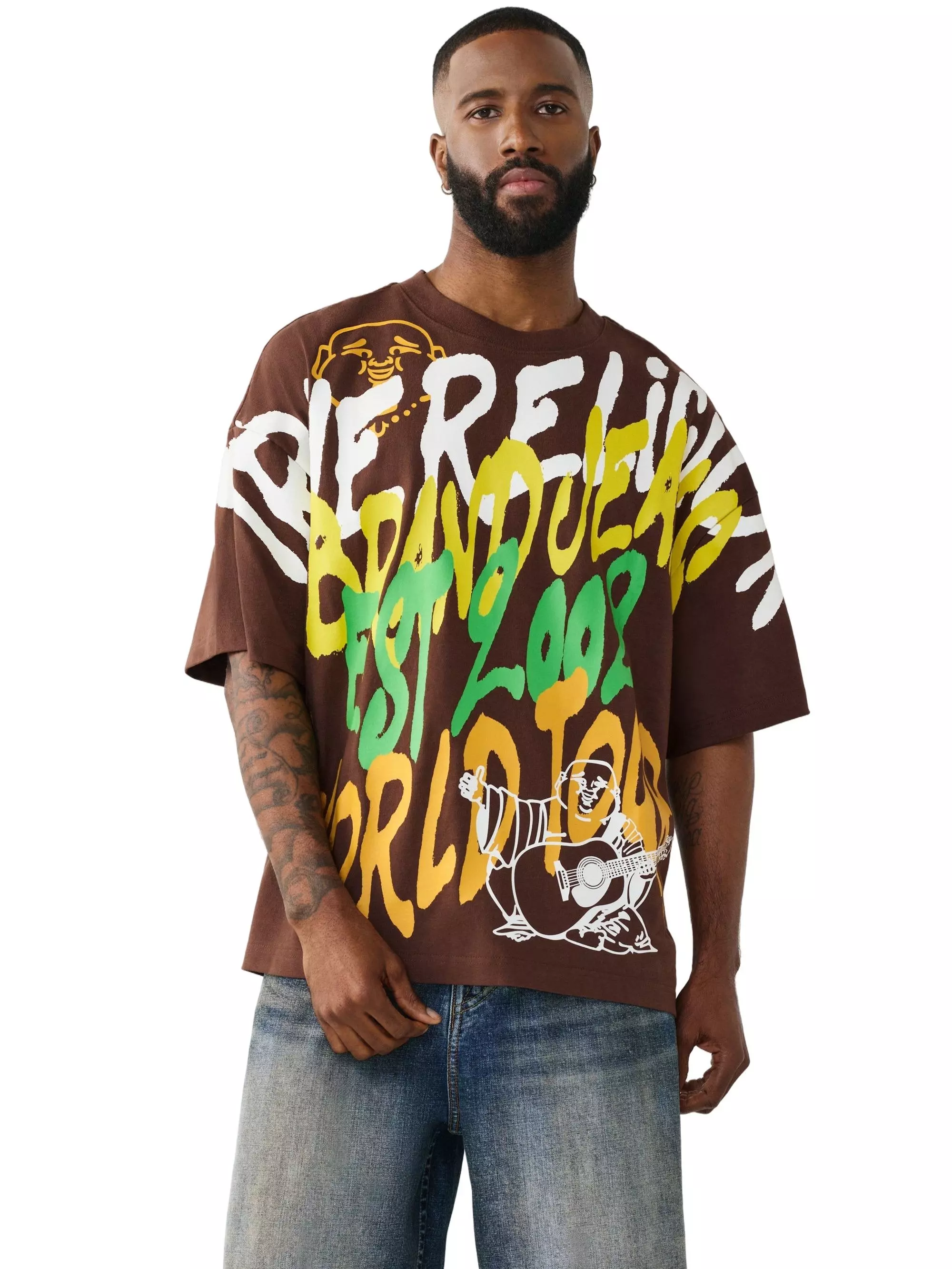 True Religion Men's Graffiti Heavyweight Oversized Tee - BROWN