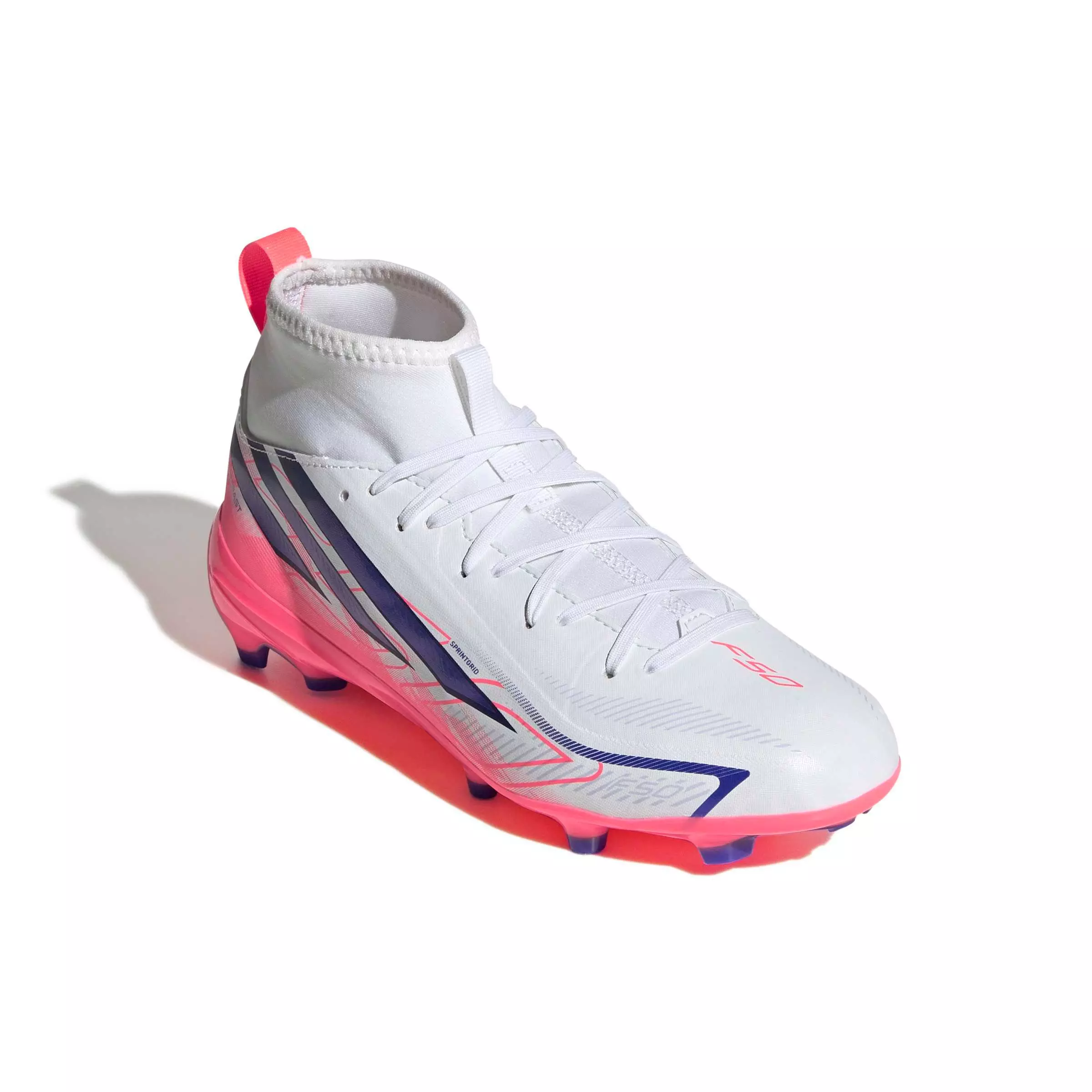 adidas F50 Hyperfast League Mid FG "Solar Turbo" Grade School Kids' Soccer Cleat - CLOUD WHITE/SOLAR PURPLE/SOLAR TURBO
